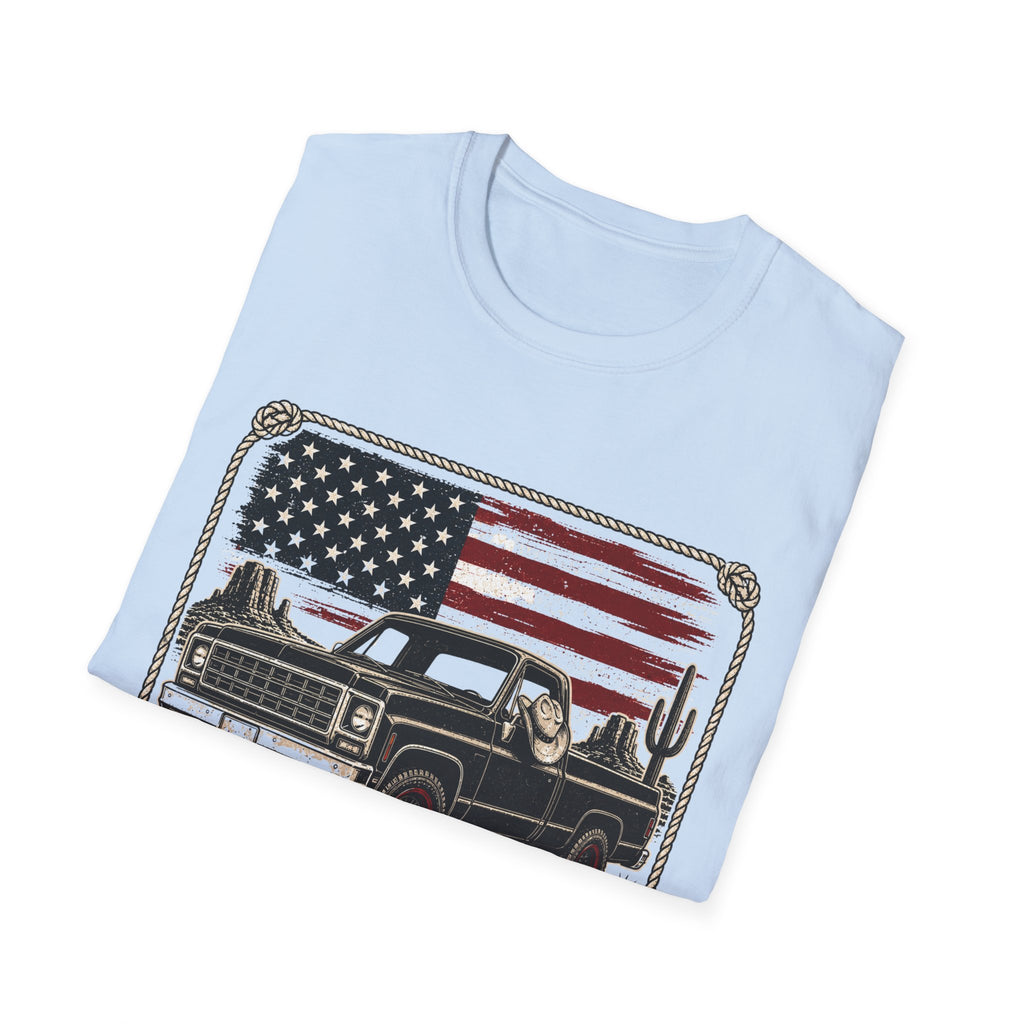 Made in America Truck T-Shirt — "Made in America. Built for the Land." Patriotic Vintage Pickup Tee