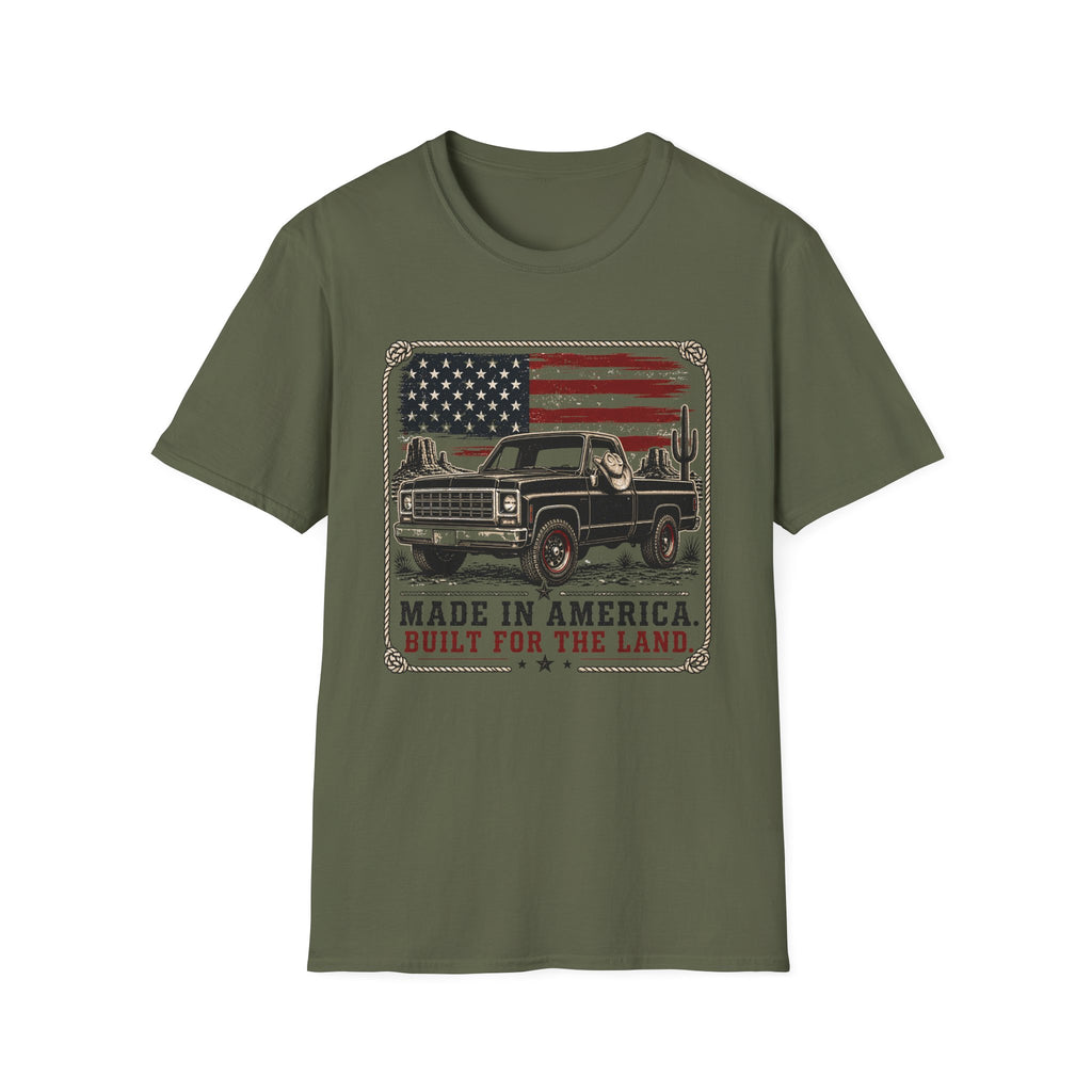 Made in America Truck T-Shirt — "Made in America. Built for the Land." Patriotic Vintage Pickup Tee
