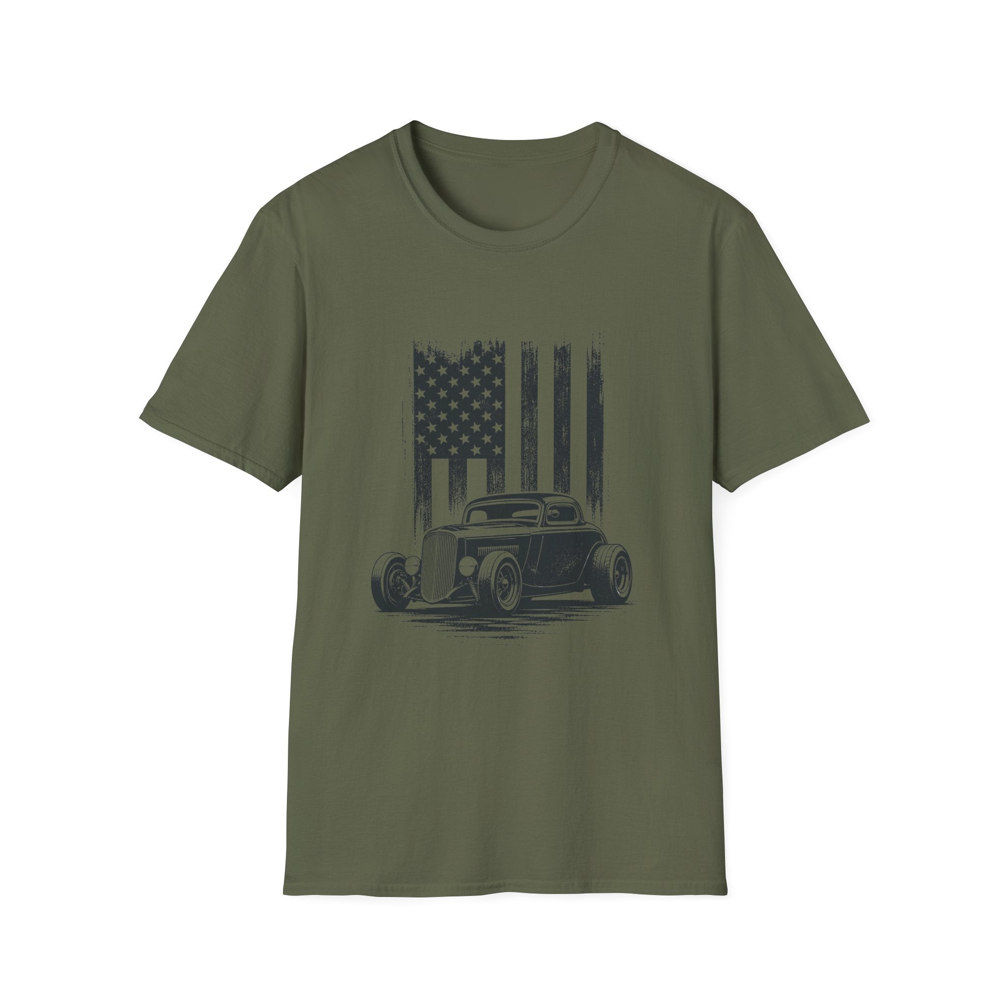 Classic Hot Rod T-Shirt with Distressed American Flag