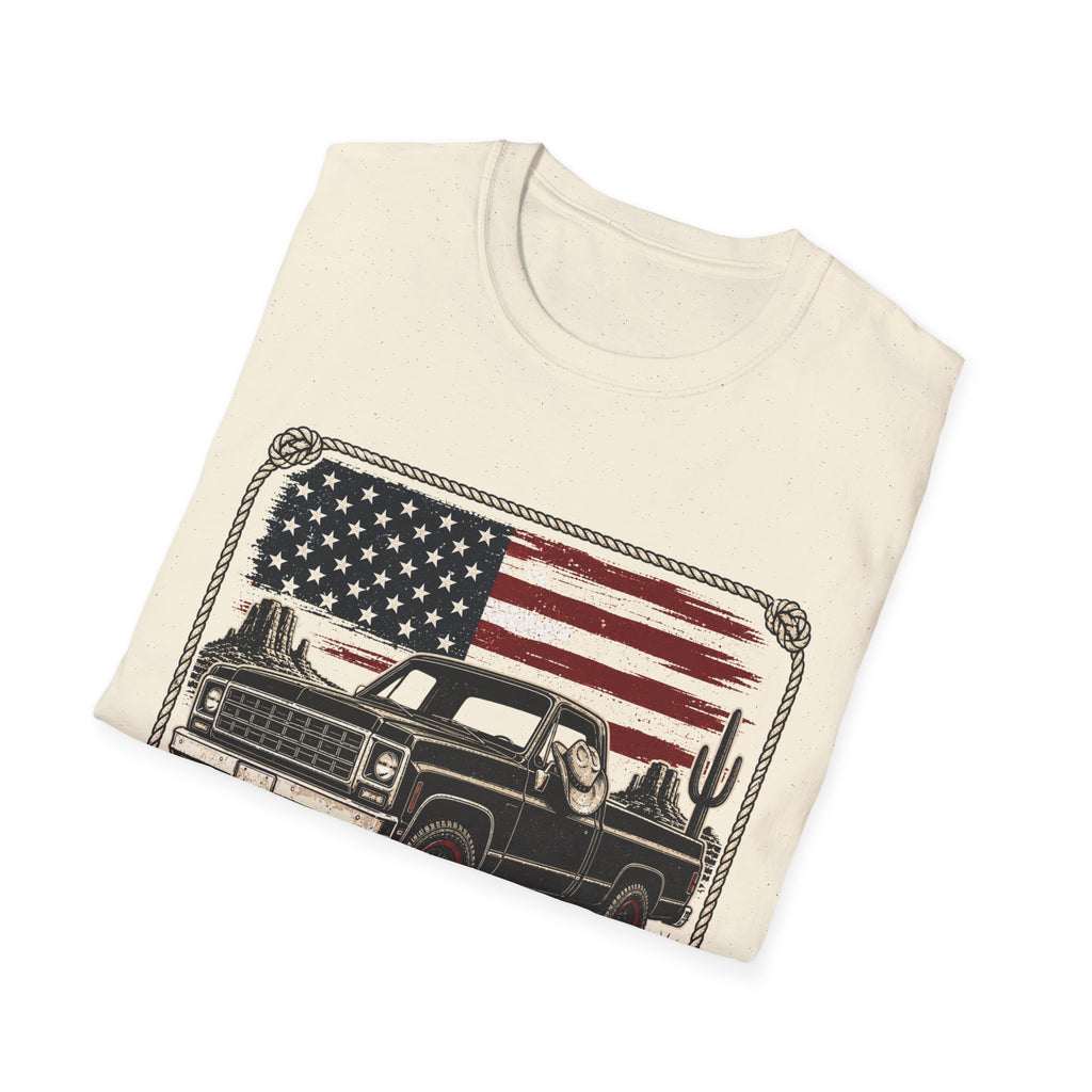 Made in America Truck T-Shirt — "Made in America. Built for the Land." Patriotic Vintage Pickup Tee