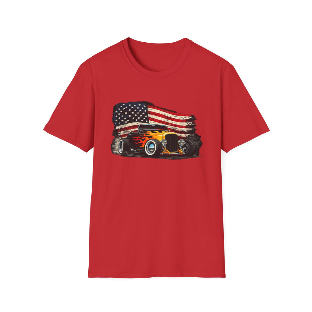 American Hot Rod T-Shirt – Vintage Flag Car Graphic