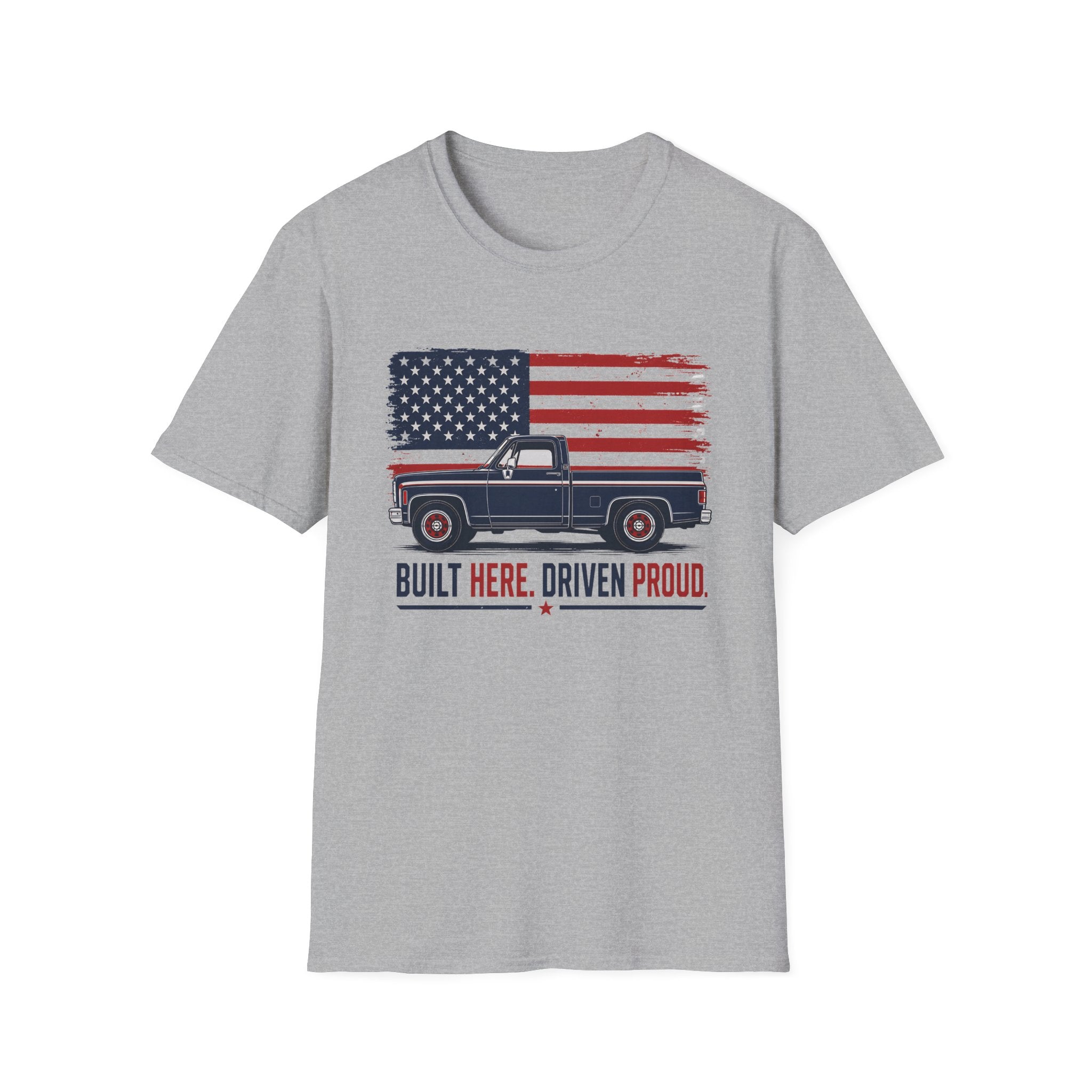 Built Here, Driven Proud Truck T-Shirt — American Flag Vintage Pickup Tee