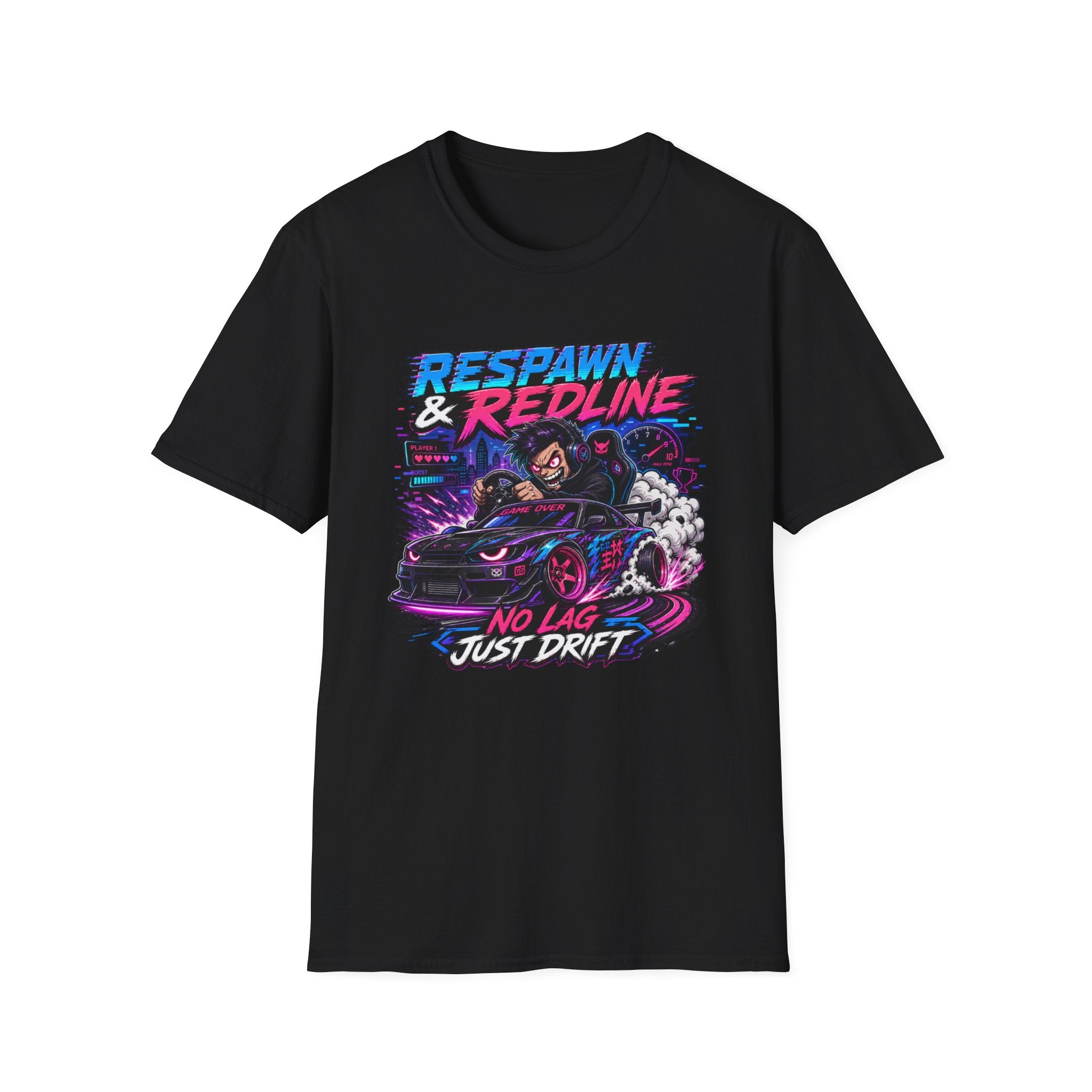 T-Shirt — "Respawn & Redline: No Lag Just Drift" Retro Gaming Drift Car Tee