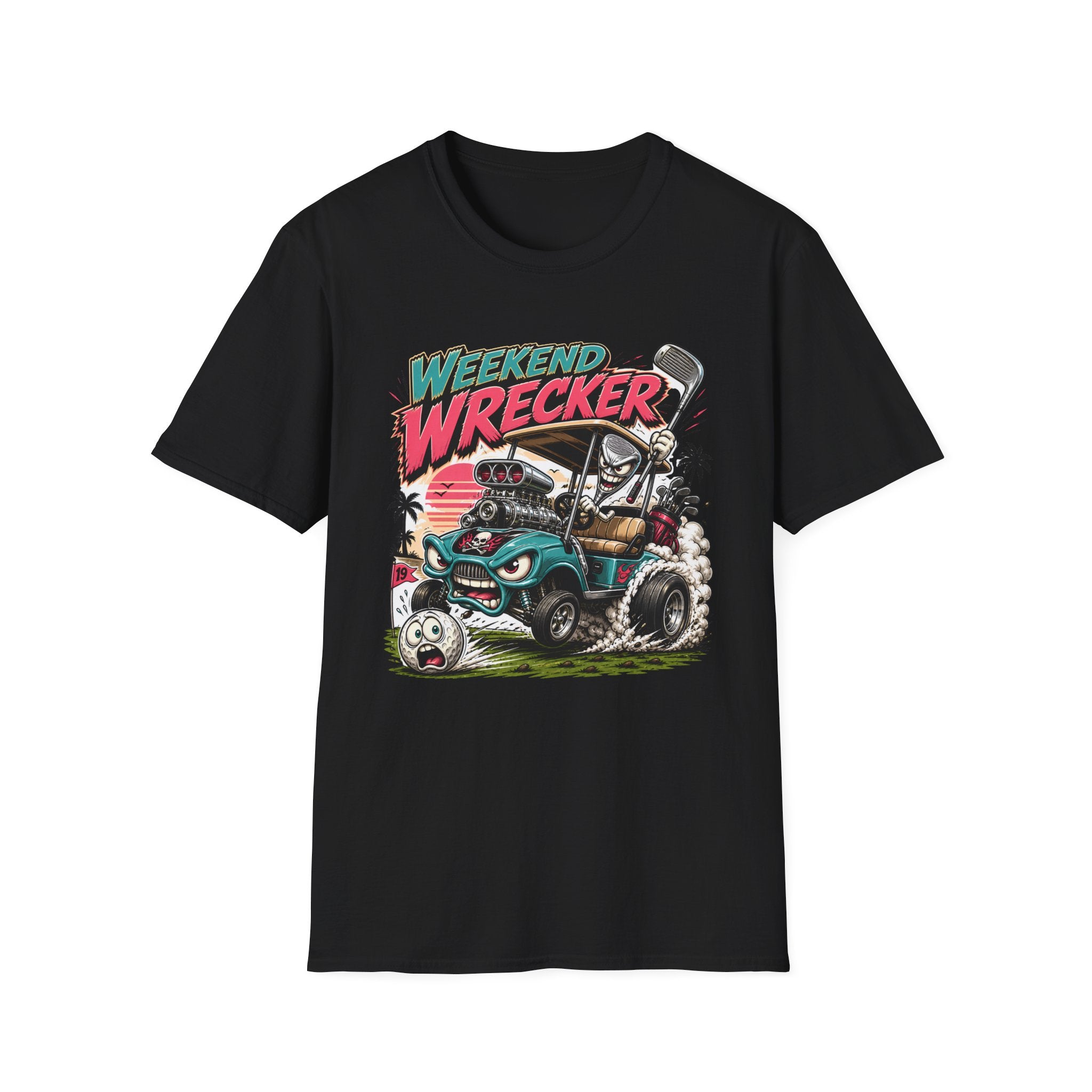 Weekend Wrecker Golf Cart T-Shirt — Retro Tropical Driving Club Tee