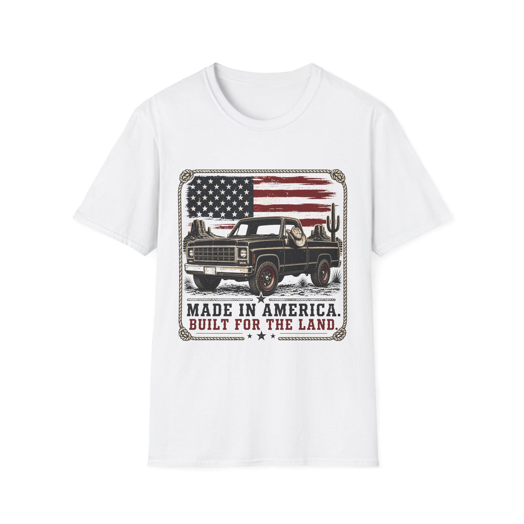 Made in America Truck T-Shirt — "Made in America. Built for the Land." Patriotic Vintage Pickup Tee