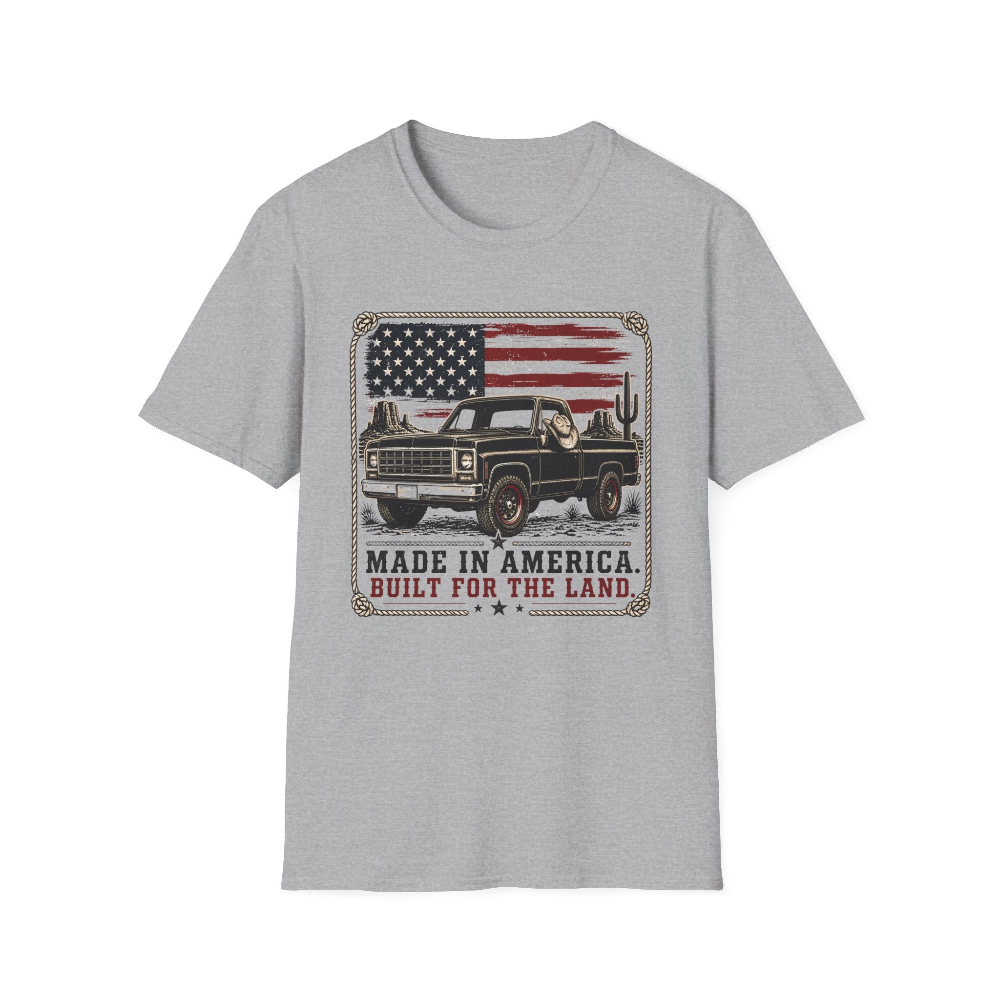 Made in America Truck T-Shirt — "Made in America. Built for the Land." Patriotic Vintage Pickup Tee