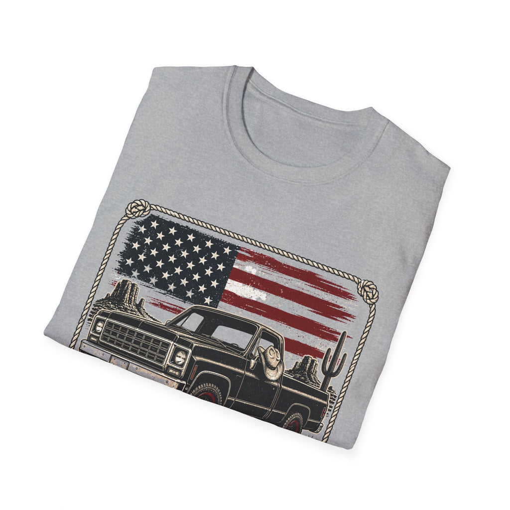 Made in America Truck T-Shirt — "Made in America. Built for the Land." Patriotic Vintage Pickup Tee