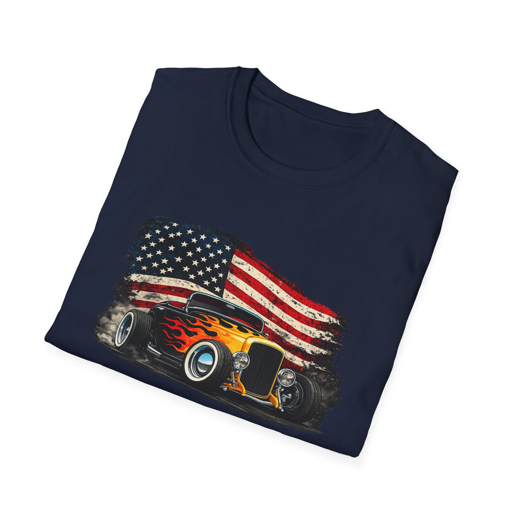 American Hot Rod T-Shirt – Vintage Flag Car Graphic