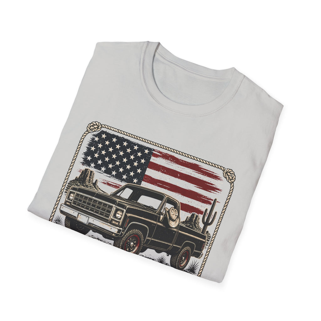 Made in America Truck T-Shirt — "Made in America. Built for the Land." Patriotic Vintage Pickup Tee