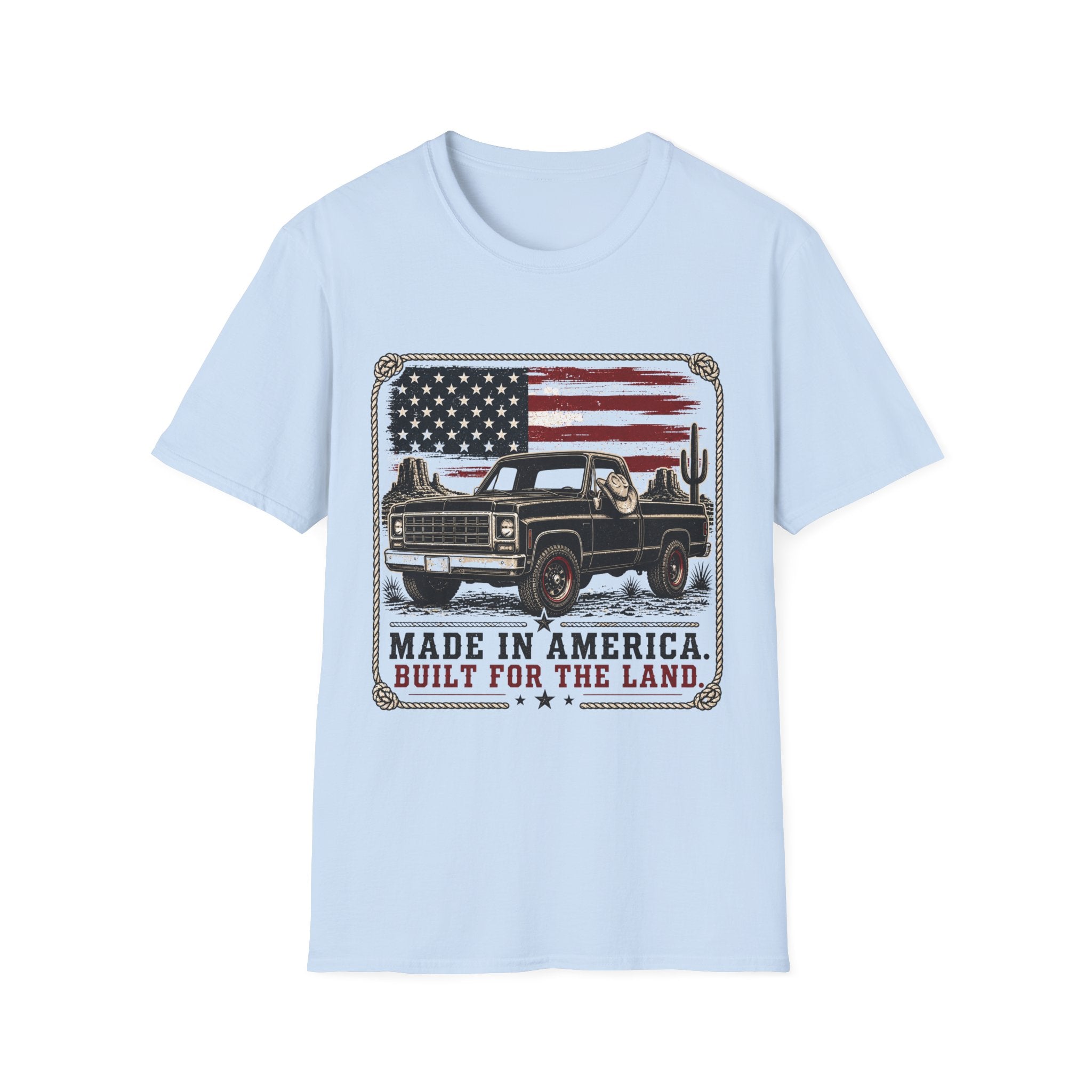 Made in America Truck T-Shirt — "Made in America. Built for the Land." Patriotic Vintage Pickup Tee