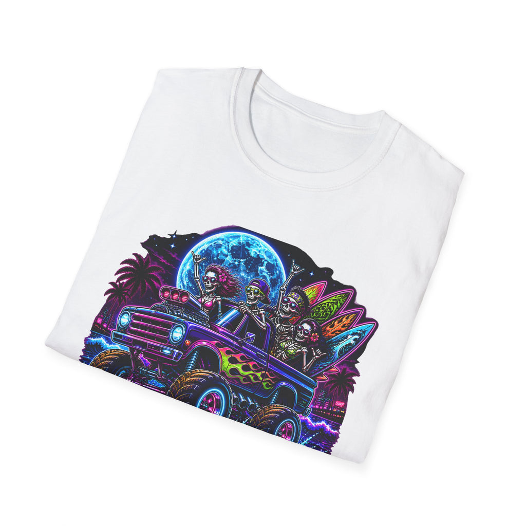Bone Rattling Surf Tribe T-Shirt — Neon Skull Surf Van Graphic Tee