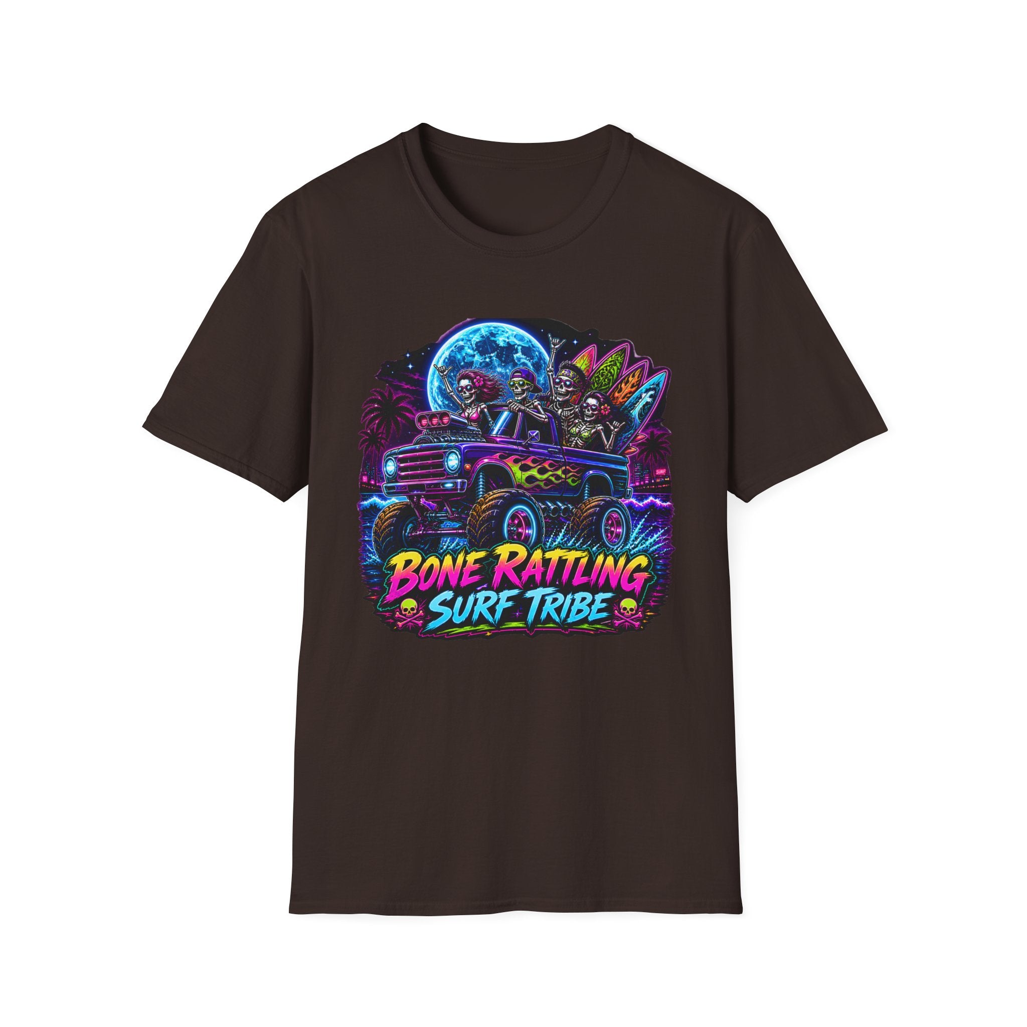 Bone Rattling Surf Tribe T-Shirt — Neon Skull Surf Van Graphic Tee