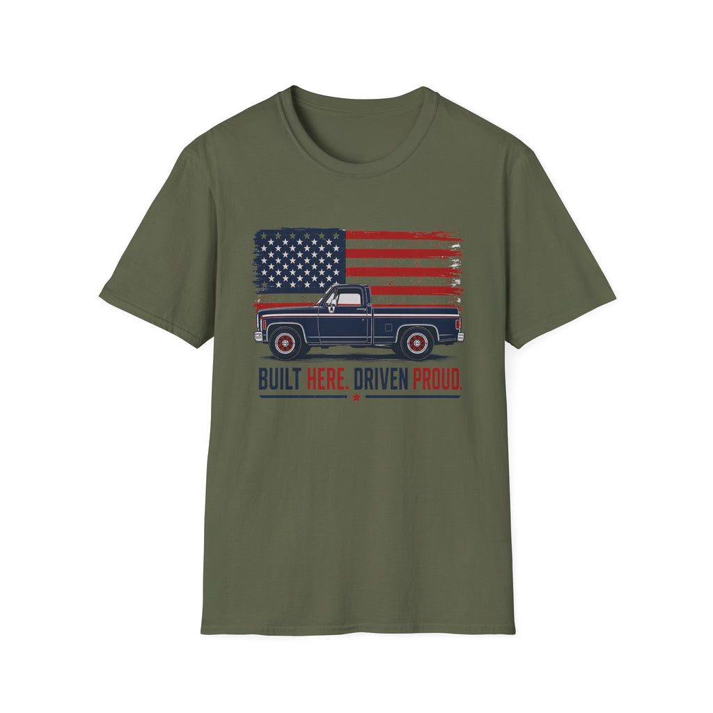 Built Here, Driven Proud Truck T-Shirt — American Flag Vintage Pickup Tee