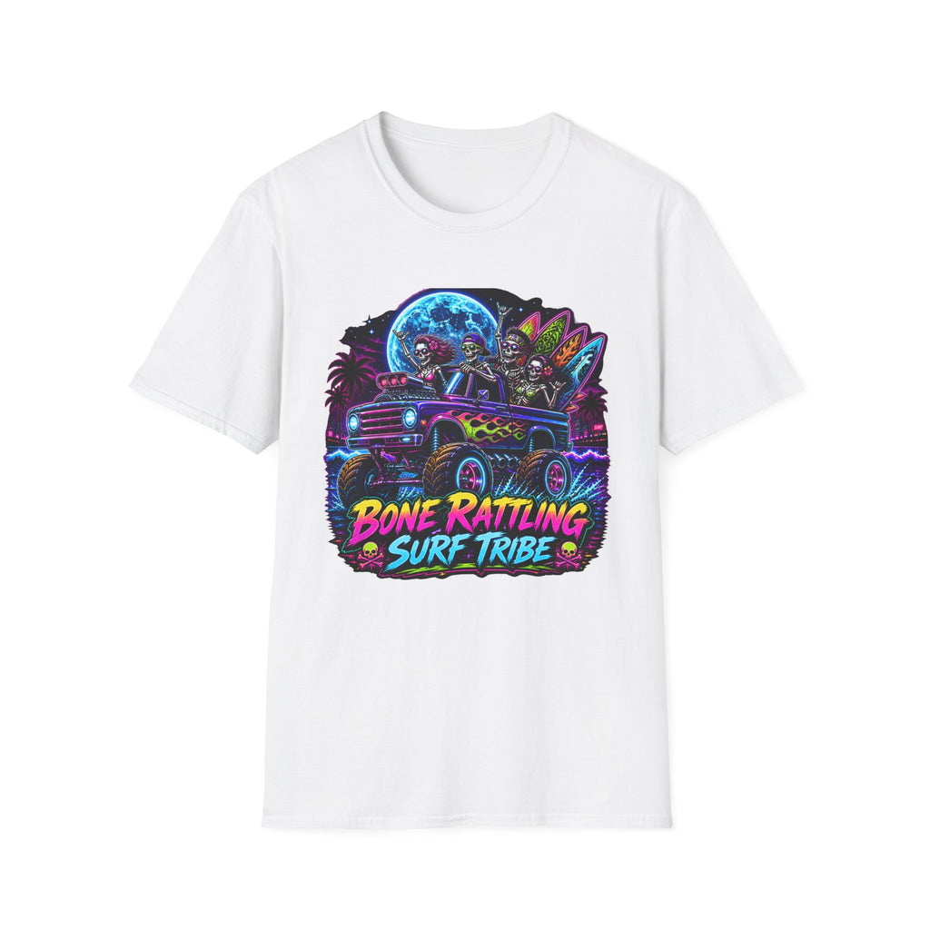 Bone Rattling Surf Tribe T-Shirt — Neon Skull Surf Van Graphic Tee