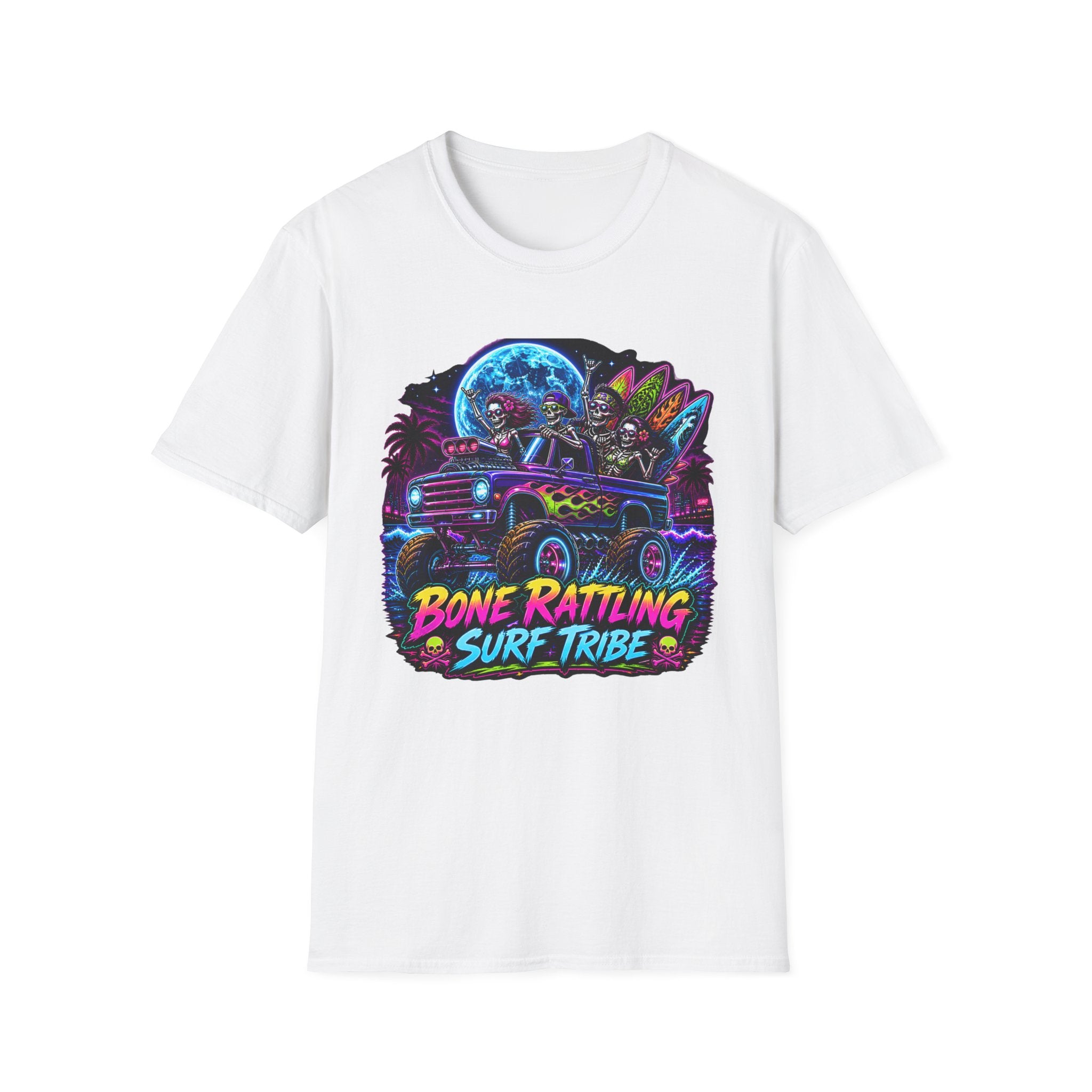 Bone Rattling Surf Tribe T-Shirt — Neon Skull Surf Van Graphic Tee