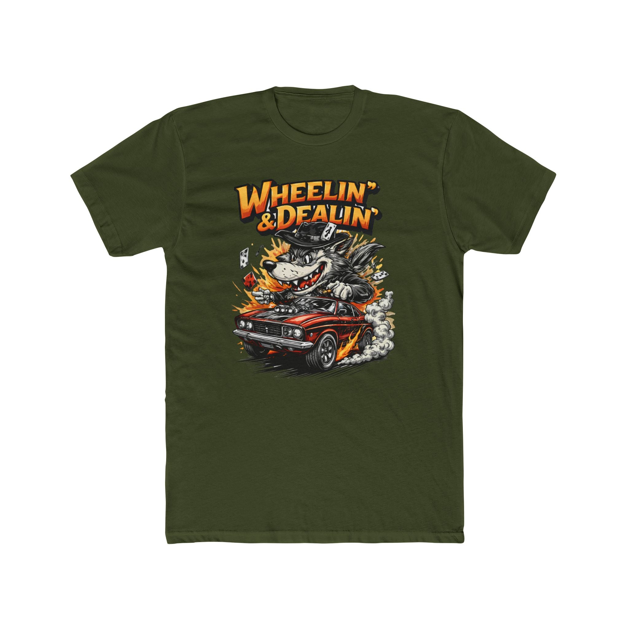 T-Shirt — "Wheelin' & Dealin'" Vintage Hot Rod Wolf Graphic Tee