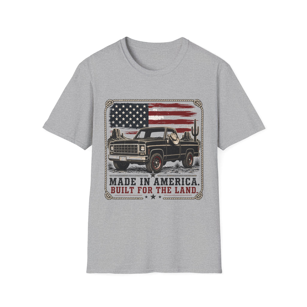 Made in America Truck T-Shirt — "Made in America. Built for the Land." Patriotic Vintage Pickup Tee