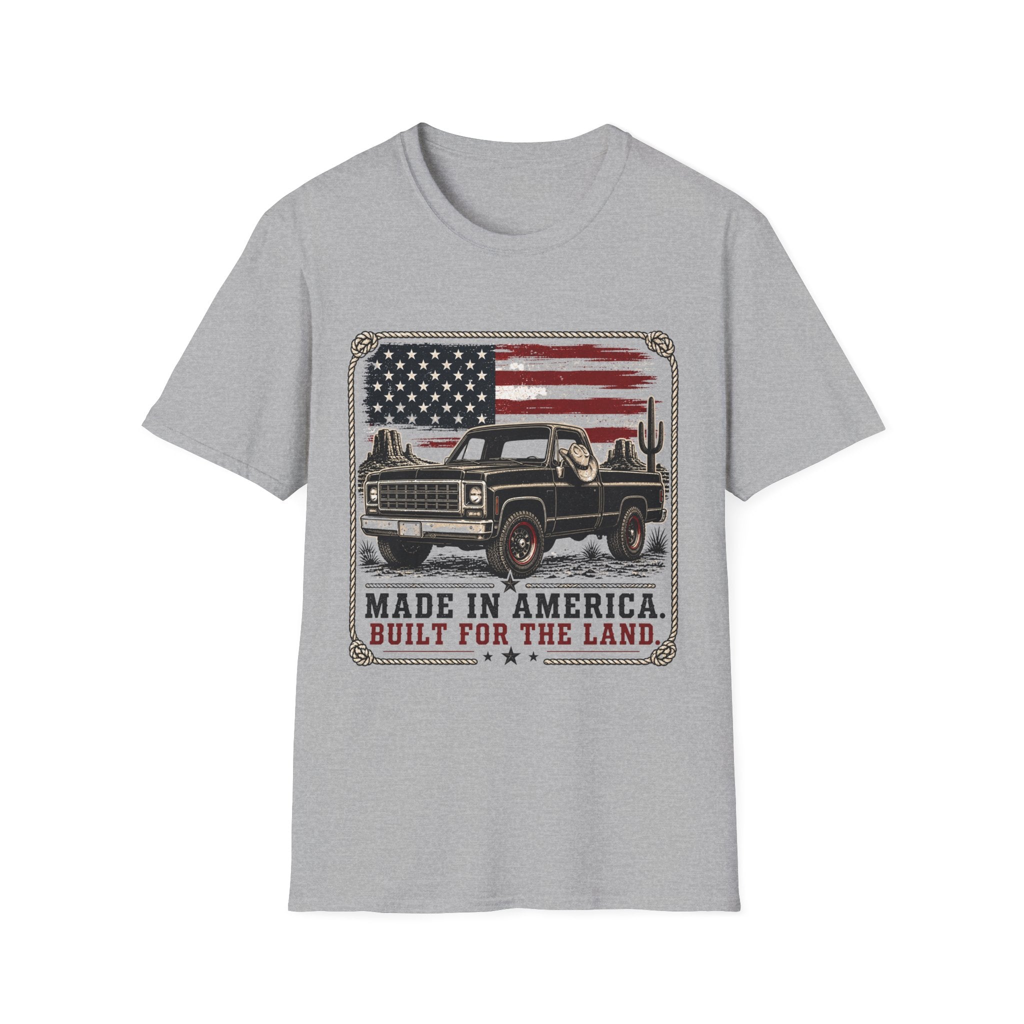 Made in America Truck T-Shirt — "Made in America. Built for the Land." Patriotic Vintage Pickup Tee