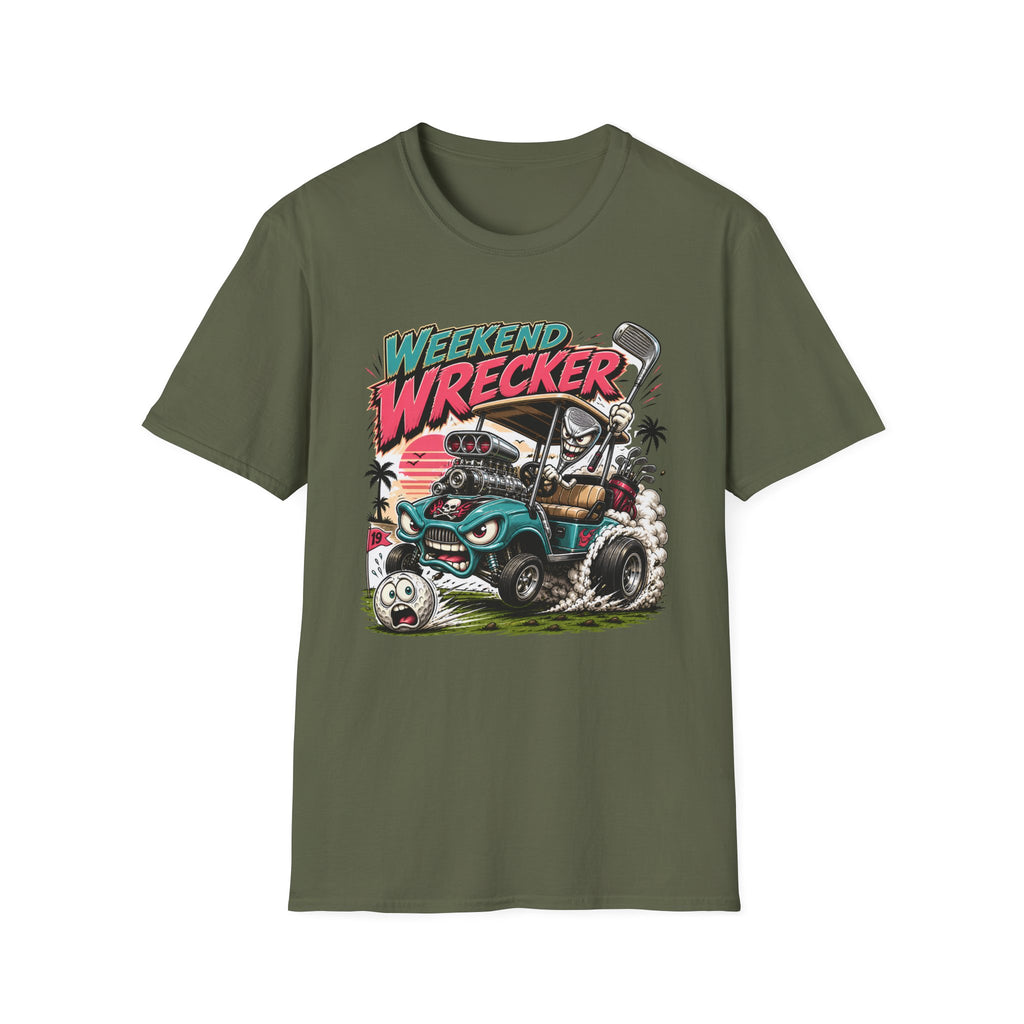 Weekend Wrecker Golf Cart T-Shirt — Retro Tropical Driving Club Tee