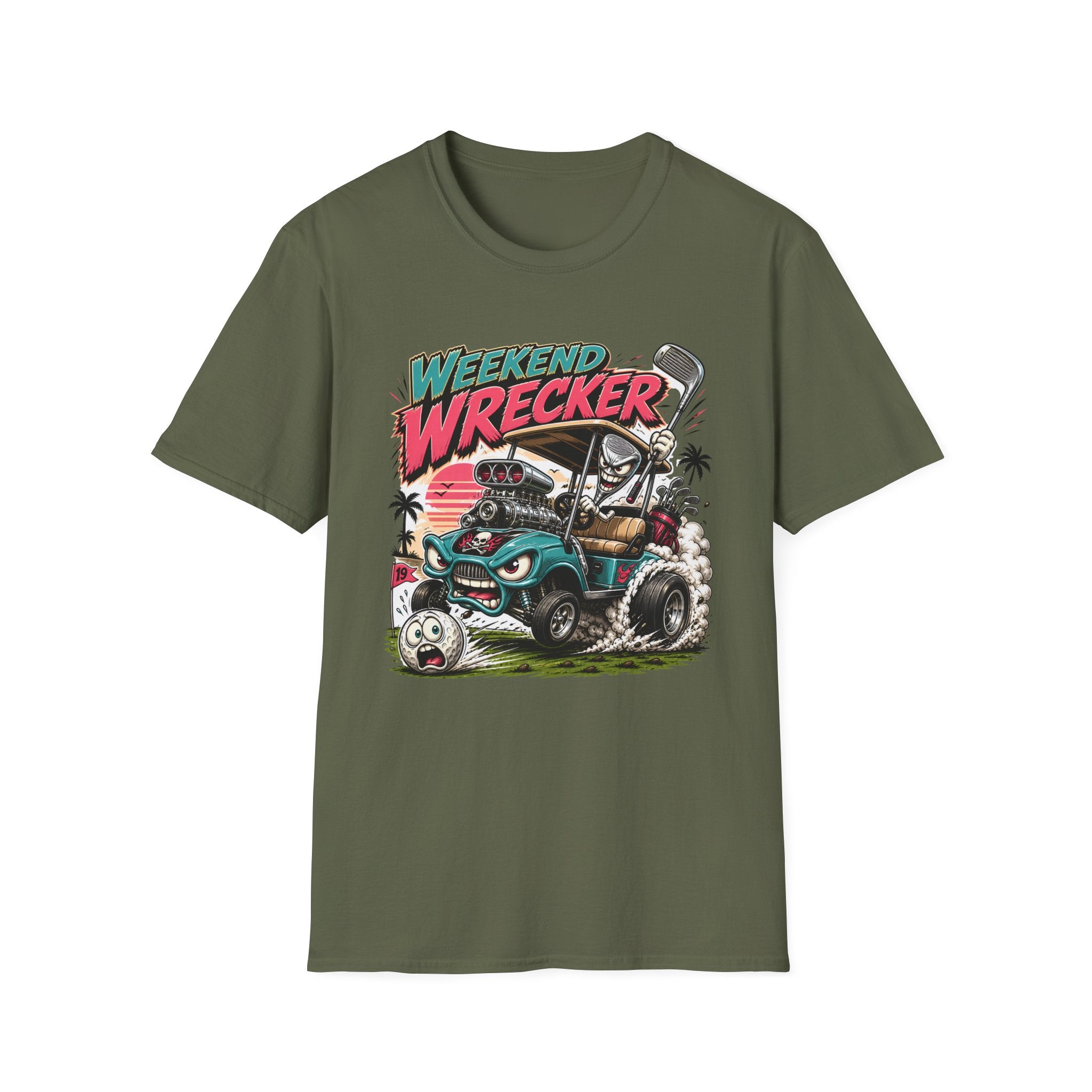 Weekend Wrecker Golf Cart T-Shirt — Retro Tropical Driving Club Tee