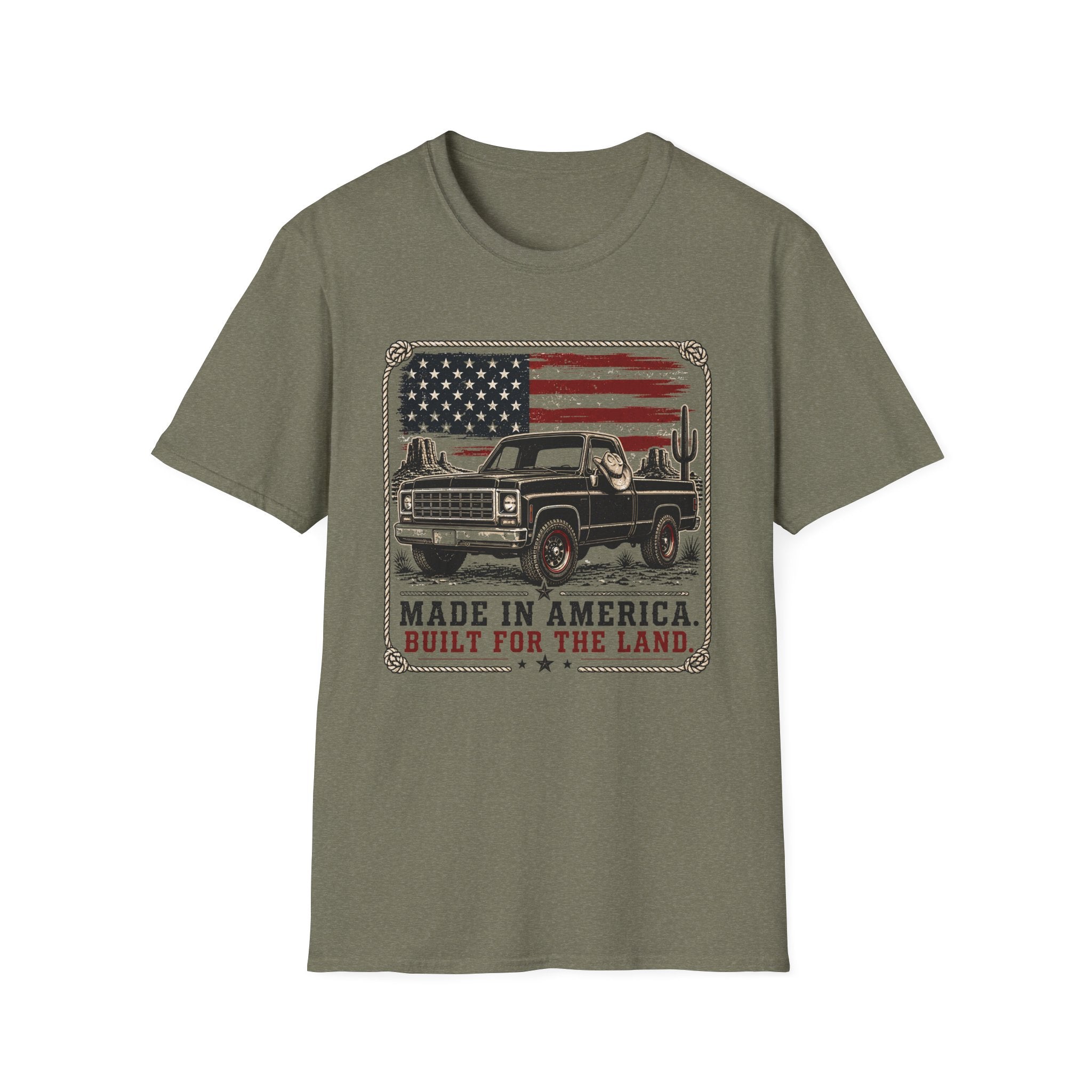 Made in America Truck T-Shirt — "Made in America. Built for the Land." Patriotic Vintage Pickup Tee