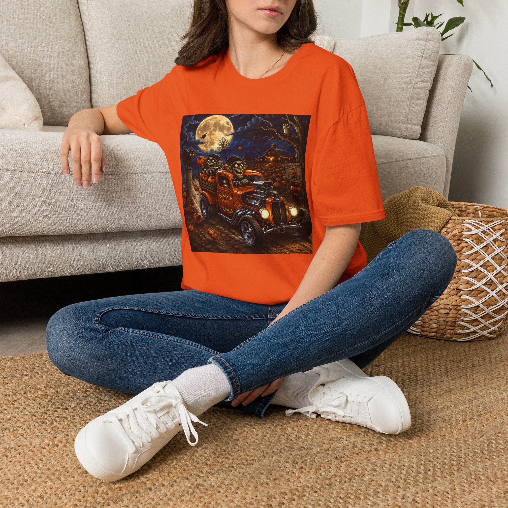 Halloween Harvest Truck T-Shirt — Creepy Pumpkin Moon Retro Tee
