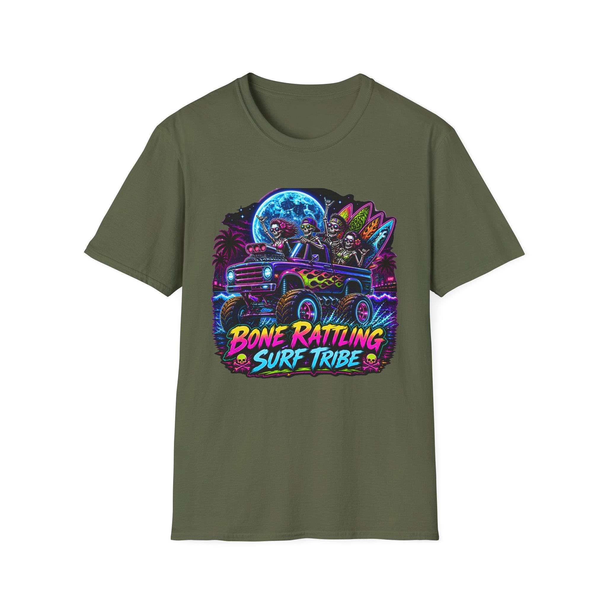 Bone Rattling Surf Tribe T-Shirt — Neon Skull Surf Van Graphic Tee