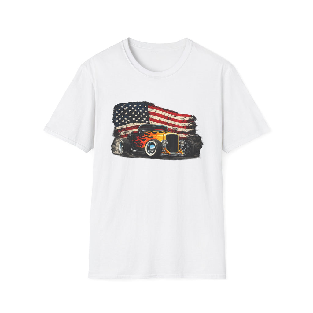 American Hot Rod T-Shirt – Vintage Flag Car Graphic