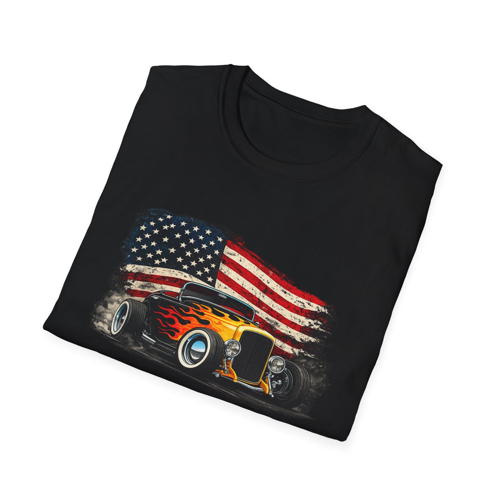 American Hot Rod T-Shirt – Vintage Flag Car Graphic
