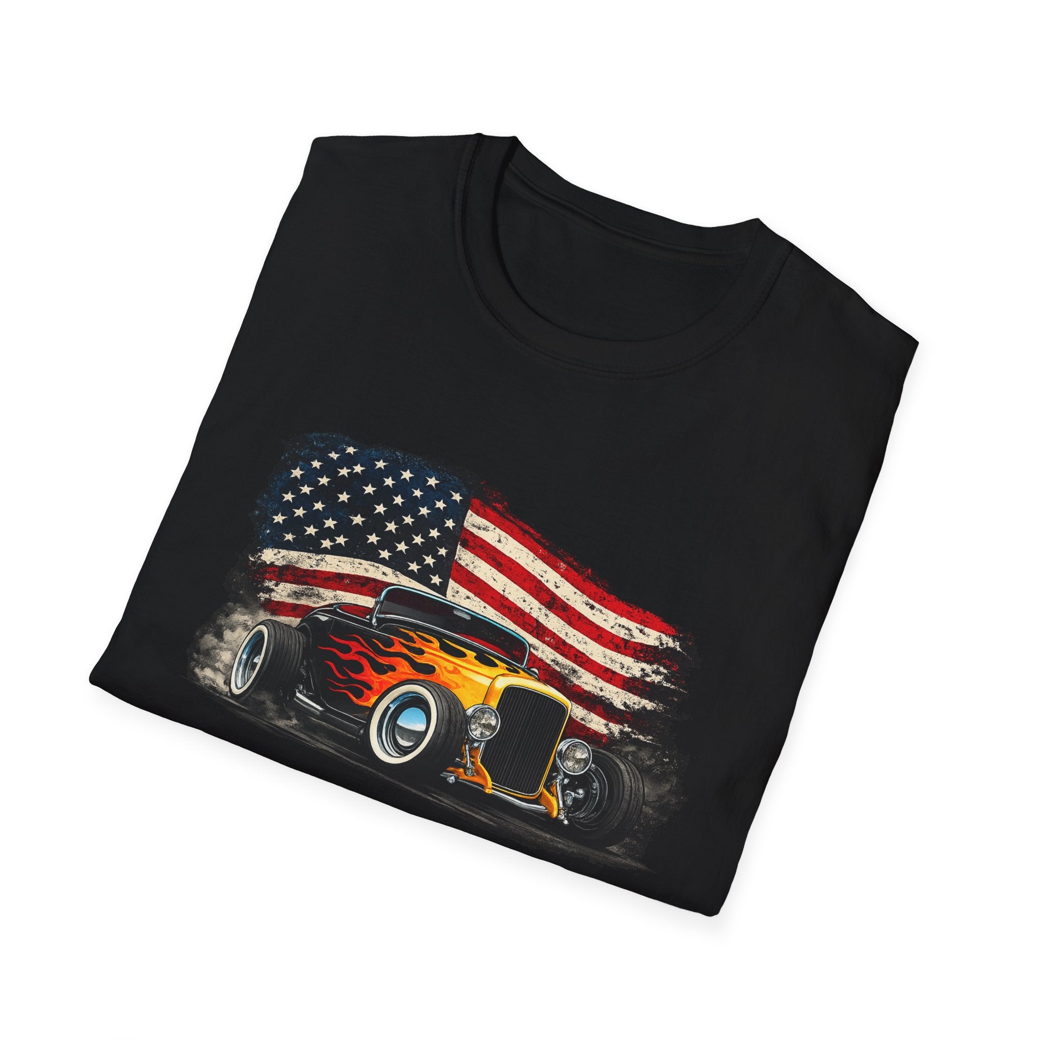 American Hot Rod T-Shirt – Vintage Flag Car Graphic