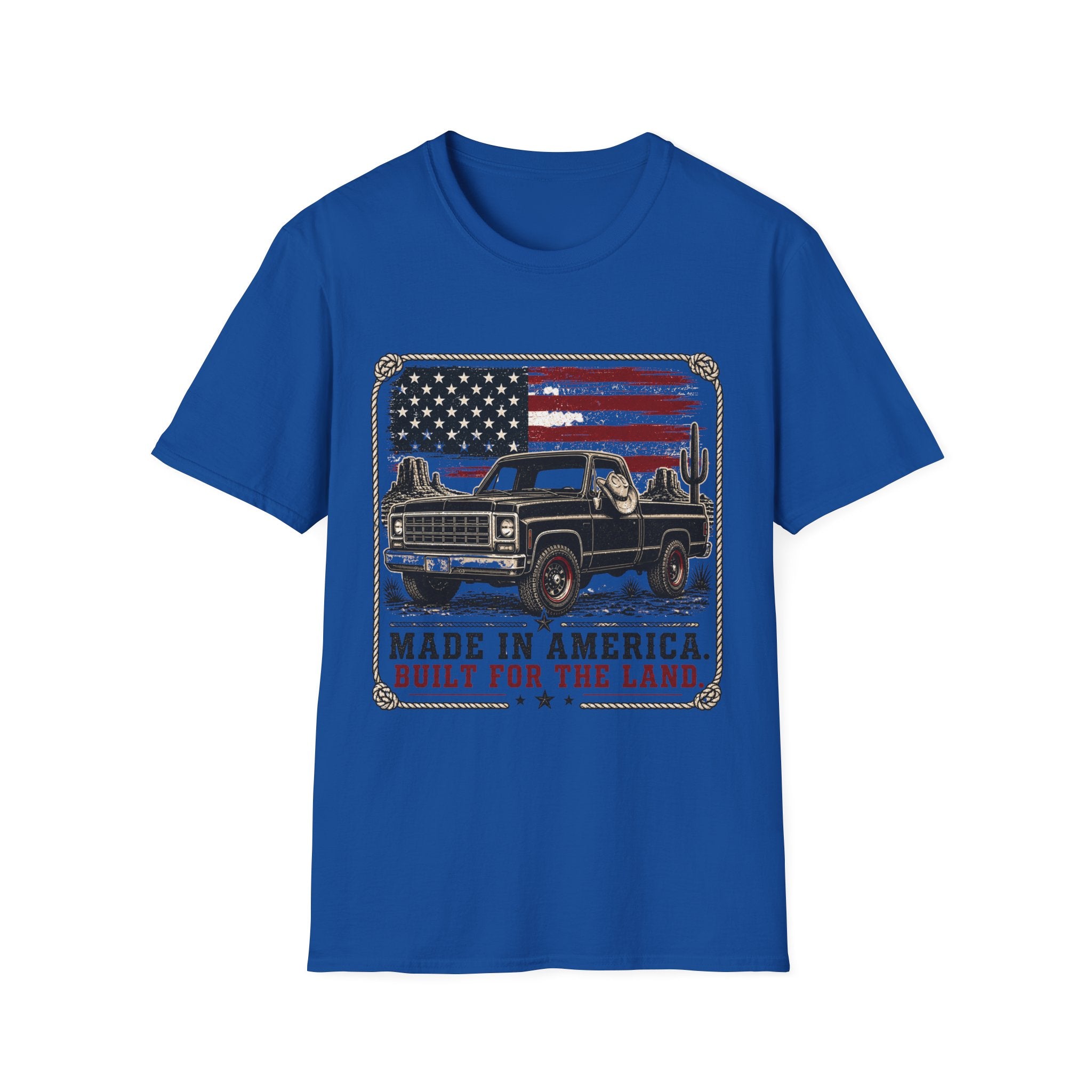 Made in America Truck T-Shirt — "Made in America. Built for the Land." Patriotic Vintage Pickup Tee