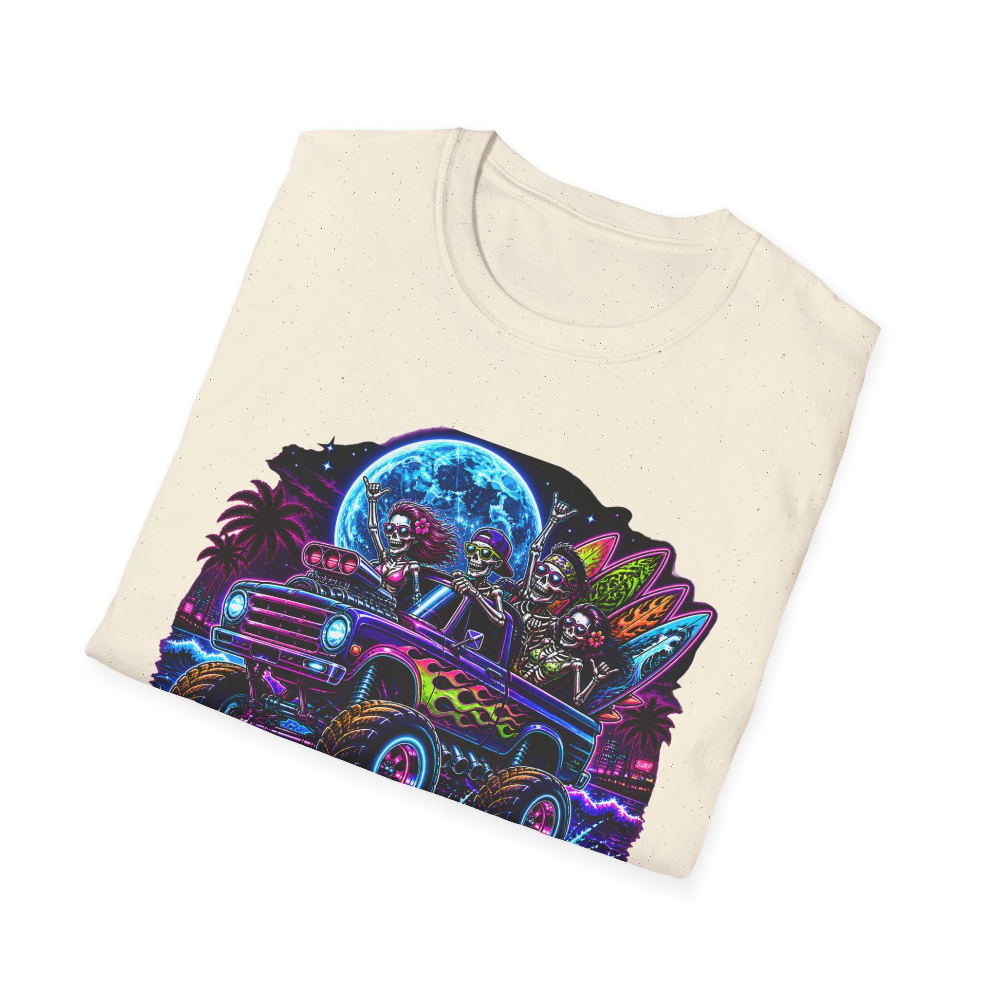 Bone Rattling Surf Tribe T-Shirt — Neon Skull Surf Van Graphic Tee