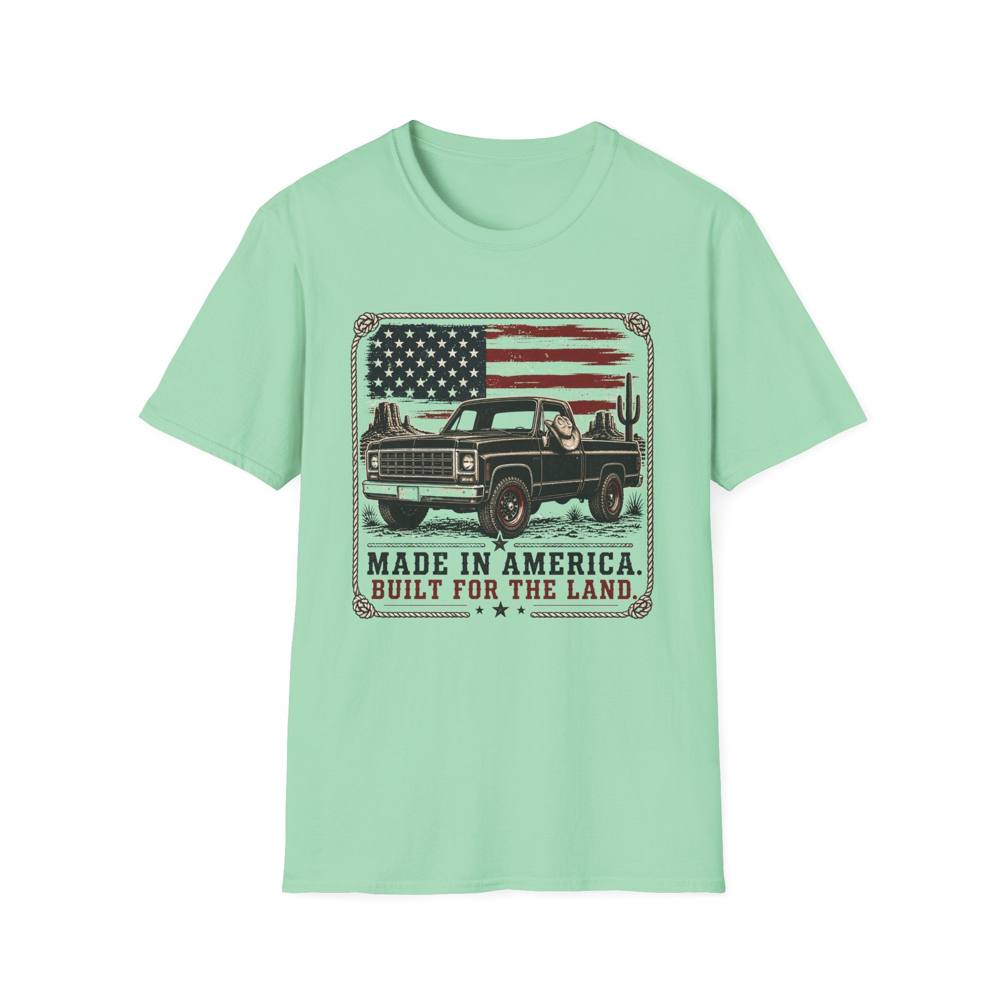 Made in America Truck T-Shirt — "Made in America. Built for the Land." Patriotic Vintage Pickup Tee