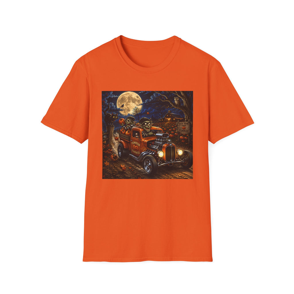Halloween Harvest Truck T-Shirt — Creepy Pumpkin Moon Retro Tee