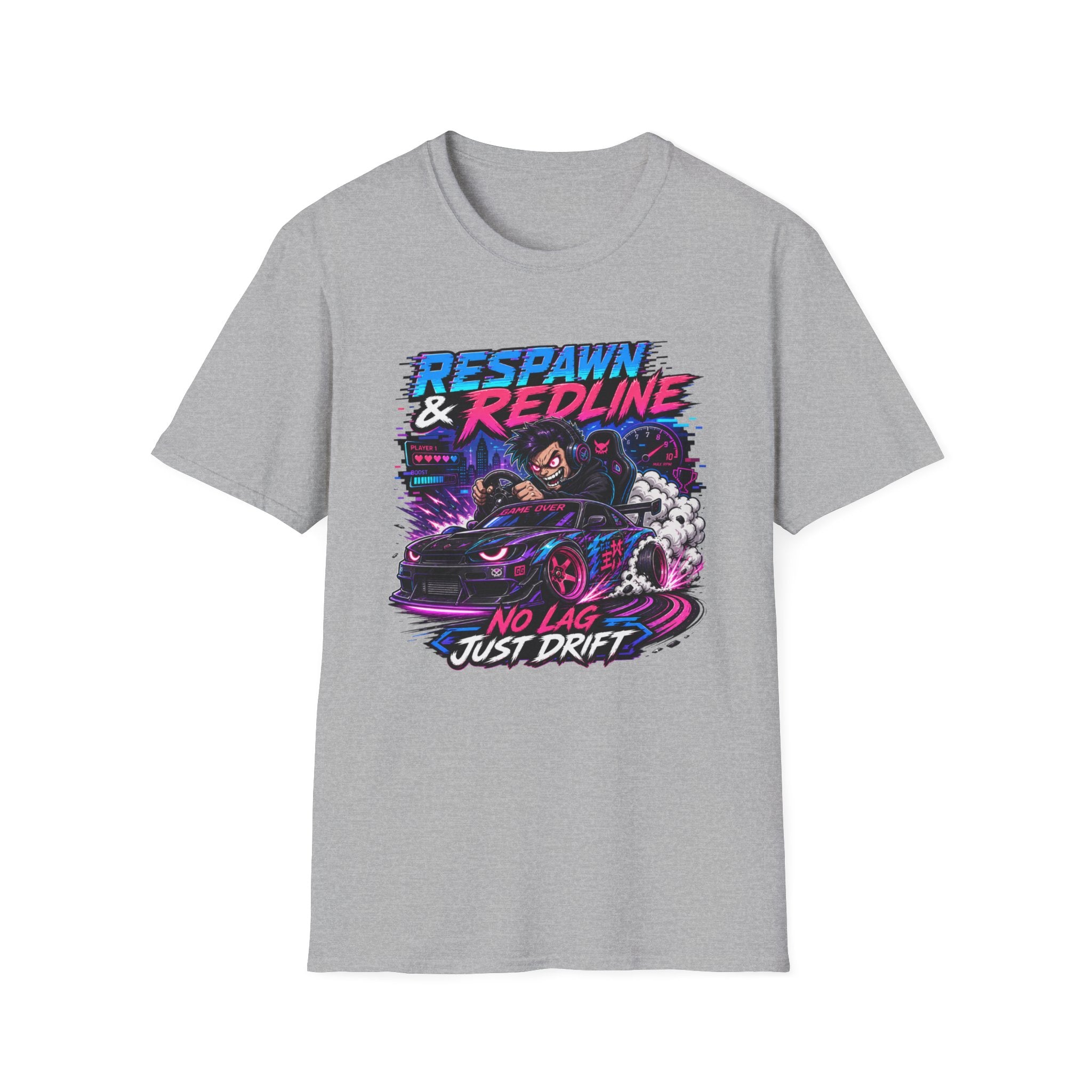 T-Shirt — "Respawn & Redline: No Lag Just Drift" Retro Gaming Drift Car Tee