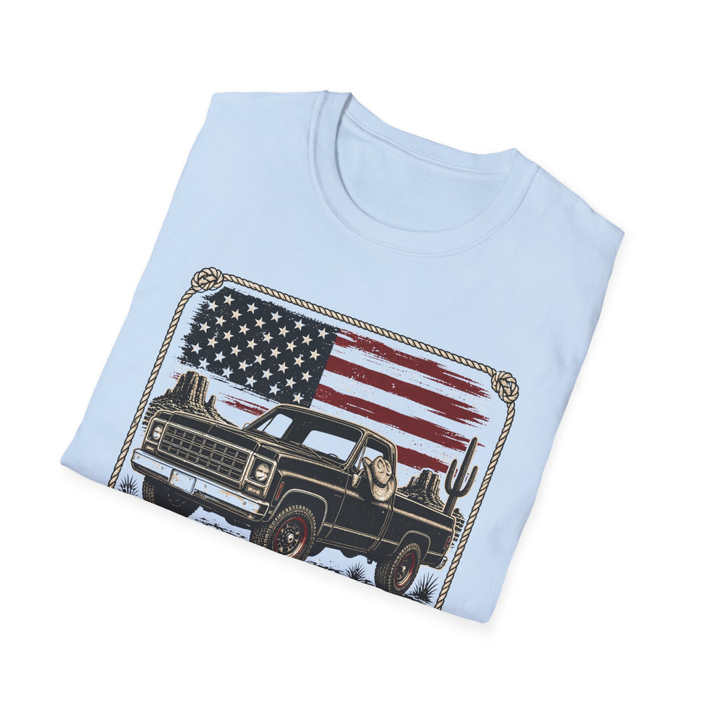 Made in America Truck T-Shirt — "Made in America. Built for the Land." Patriotic Vintage Pickup Tee