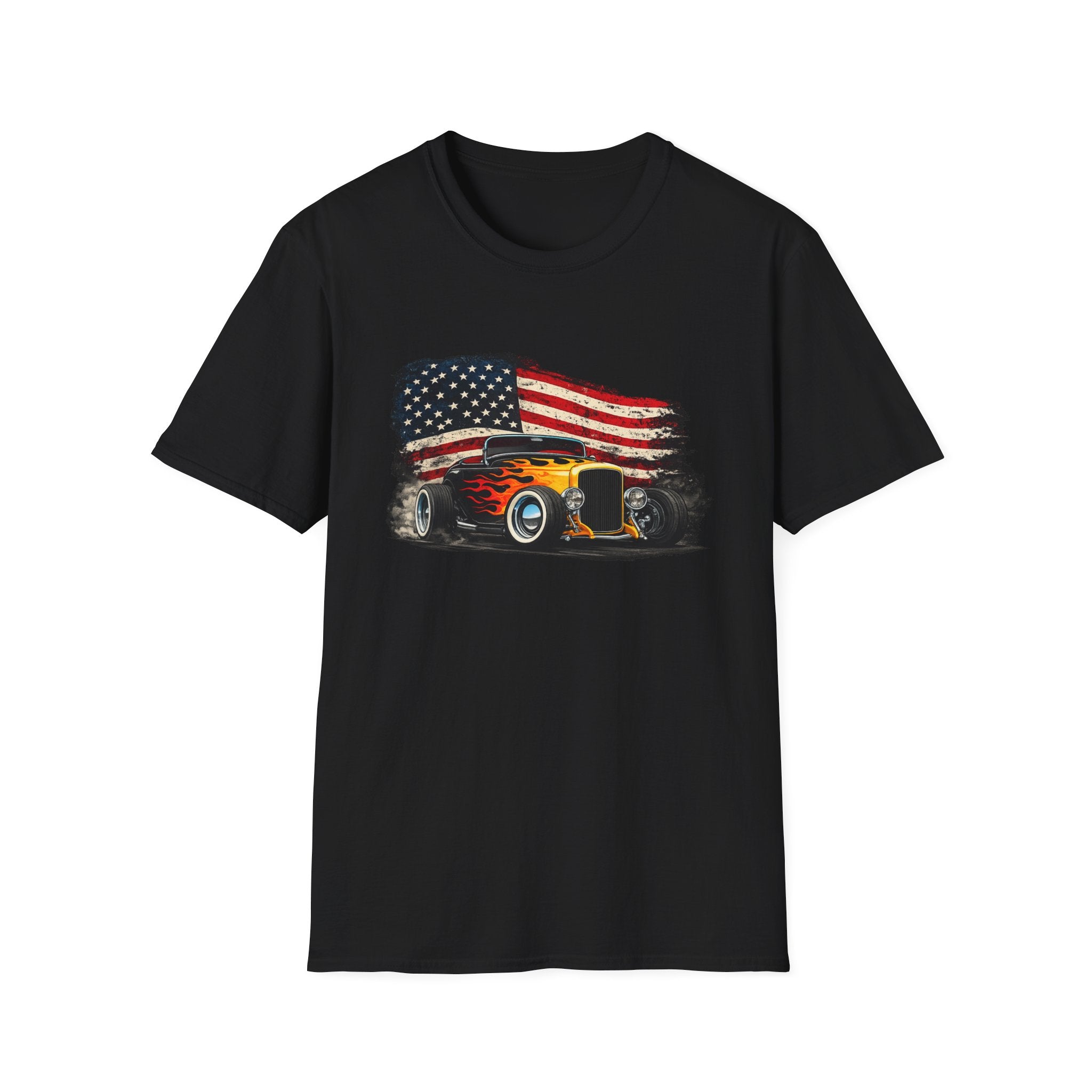 American Hot Rod T-Shirt – Vintage Flag Car Graphic