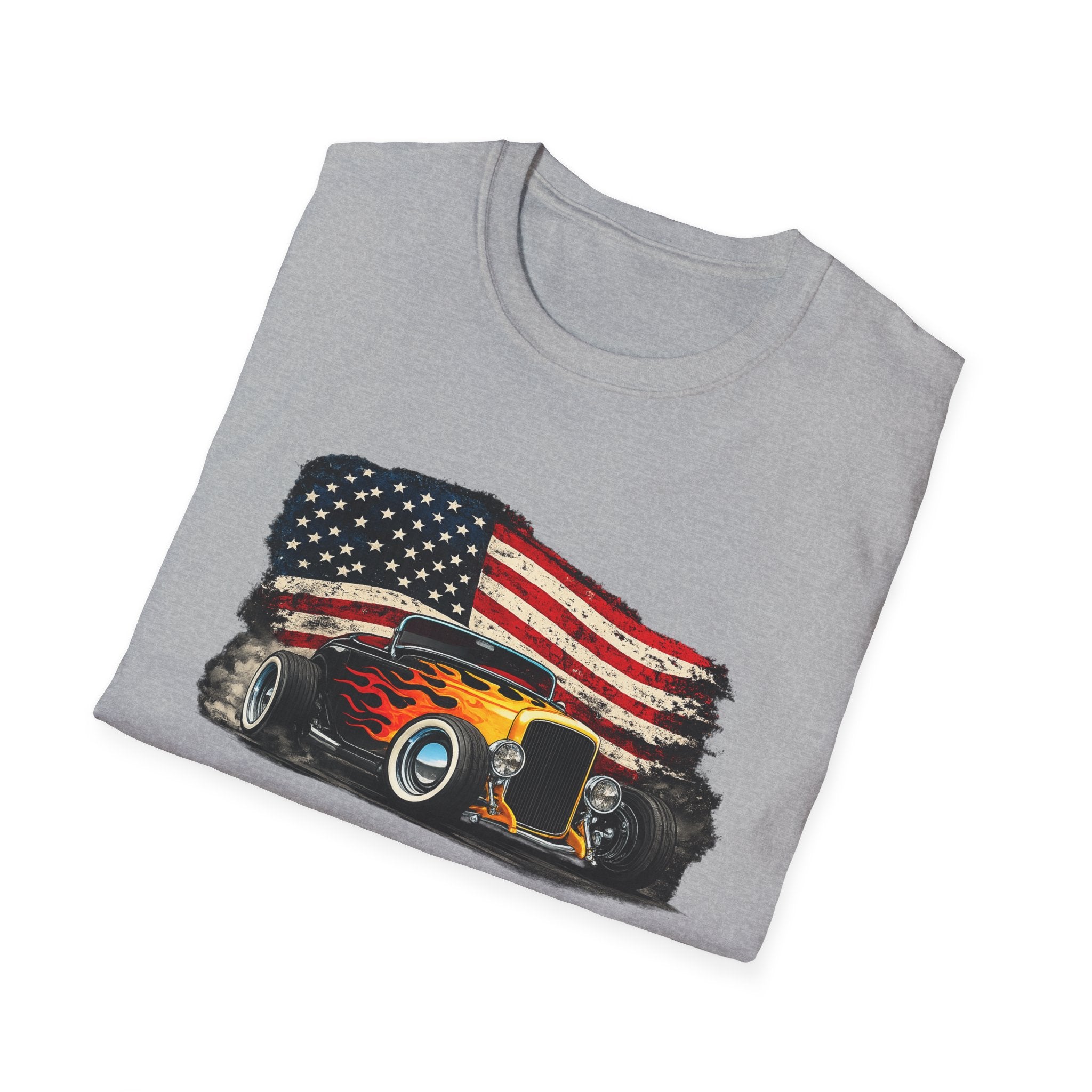 American Hot Rod T-Shirt – Vintage Flag Car Graphic
