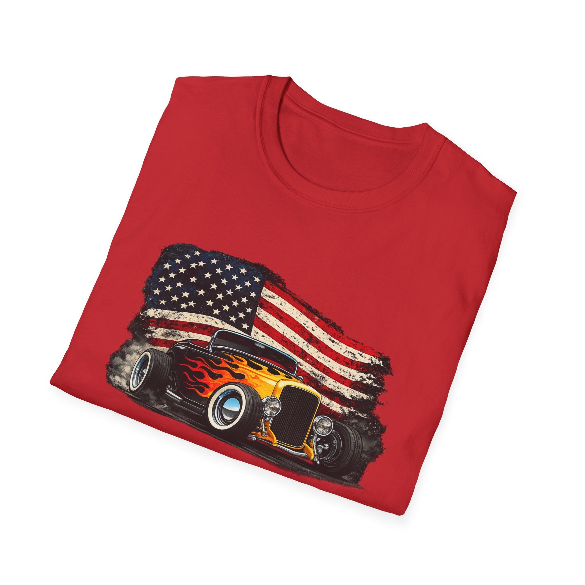 American Hot Rod T-Shirt – Vintage Flag Car Graphic