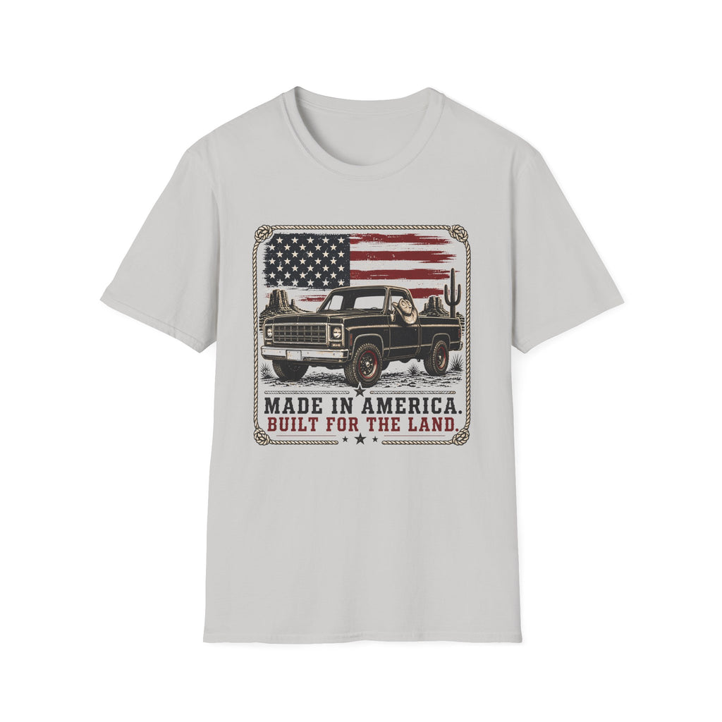 Made in America Truck T-Shirt — "Made in America. Built for the Land." Patriotic Vintage Pickup Tee