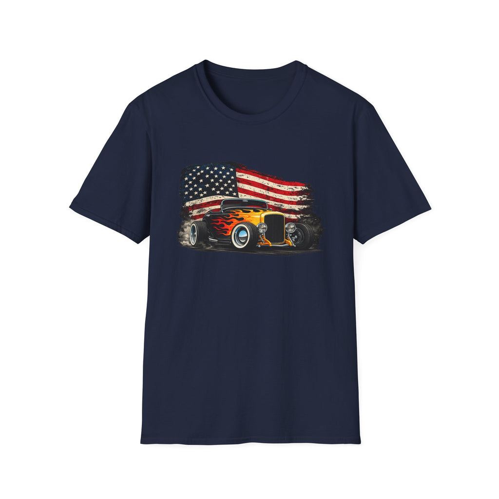 American Hot Rod T-Shirt – Vintage Flag Car Graphic