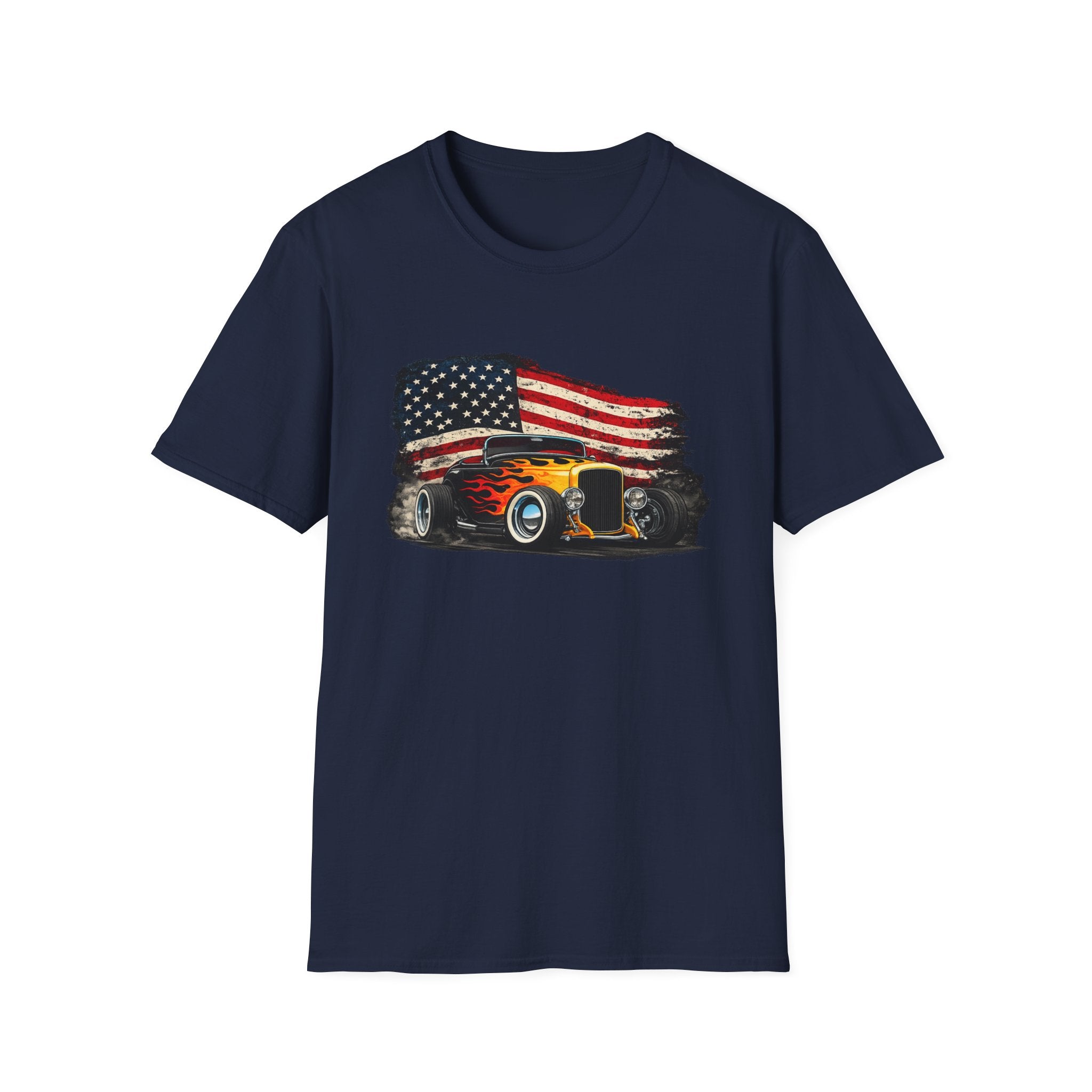American Hot Rod T-Shirt – Vintage Flag Car Graphic