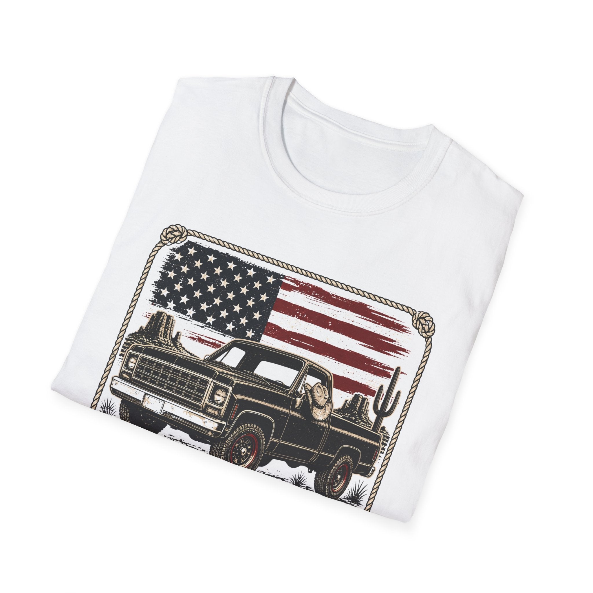 Made in America Truck T-Shirt — "Made in America. Built for the Land." Patriotic Vintage Pickup Tee