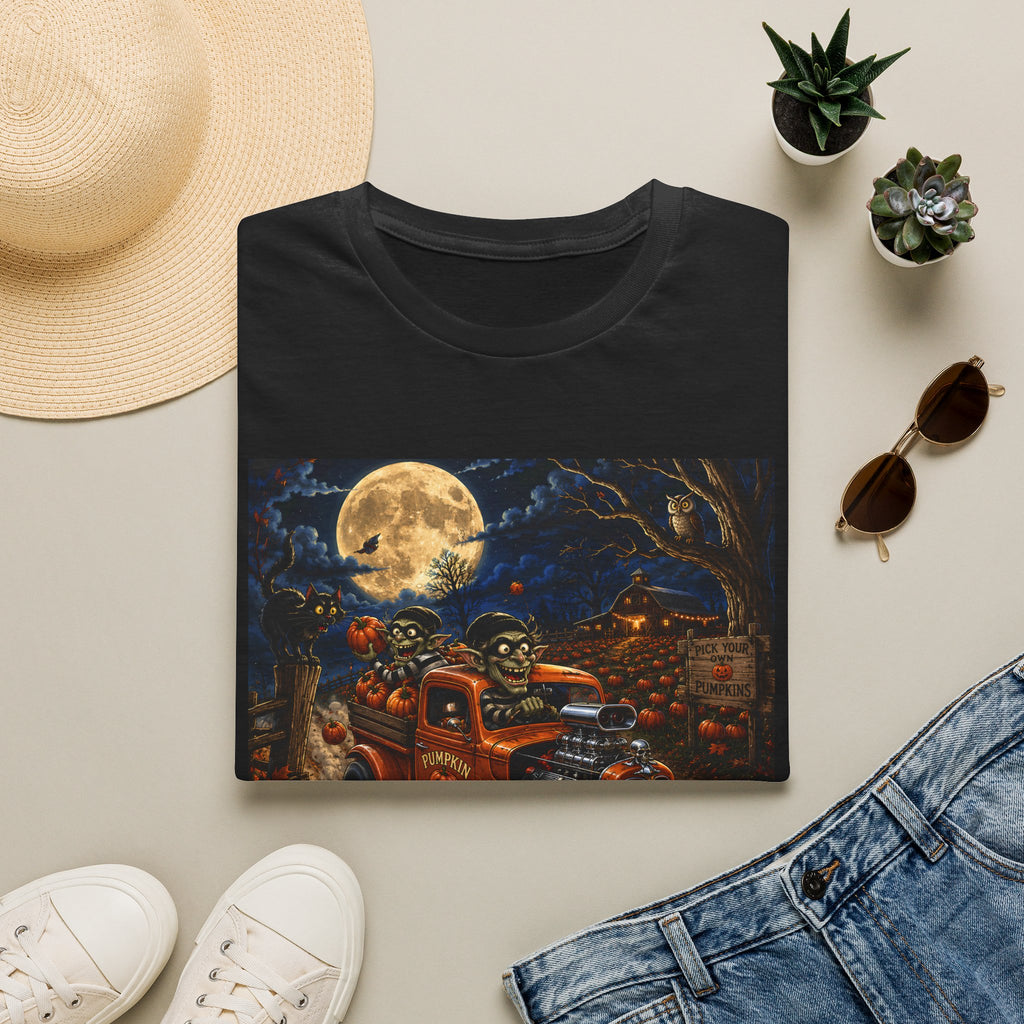 Halloween Harvest Truck T-Shirt — Creepy Pumpkin Moon Retro Tee