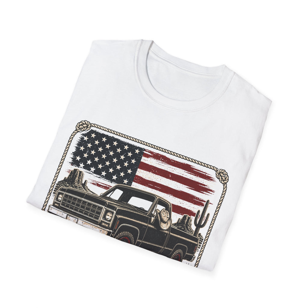 Made in America Truck T-Shirt — "Made in America. Built for the Land." Patriotic Vintage Pickup Tee