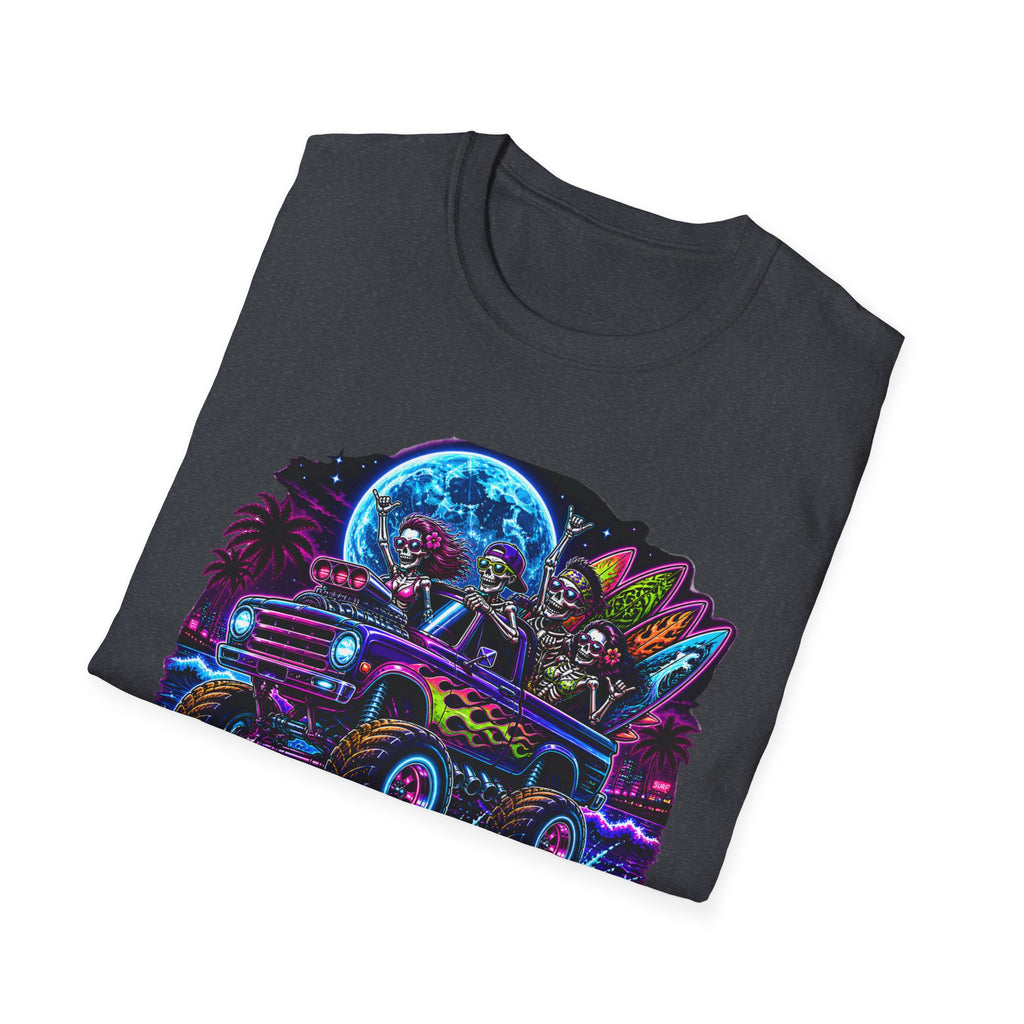 Bone Rattling Surf Tribe T-Shirt — Neon Skull Surf Van Graphic Tee