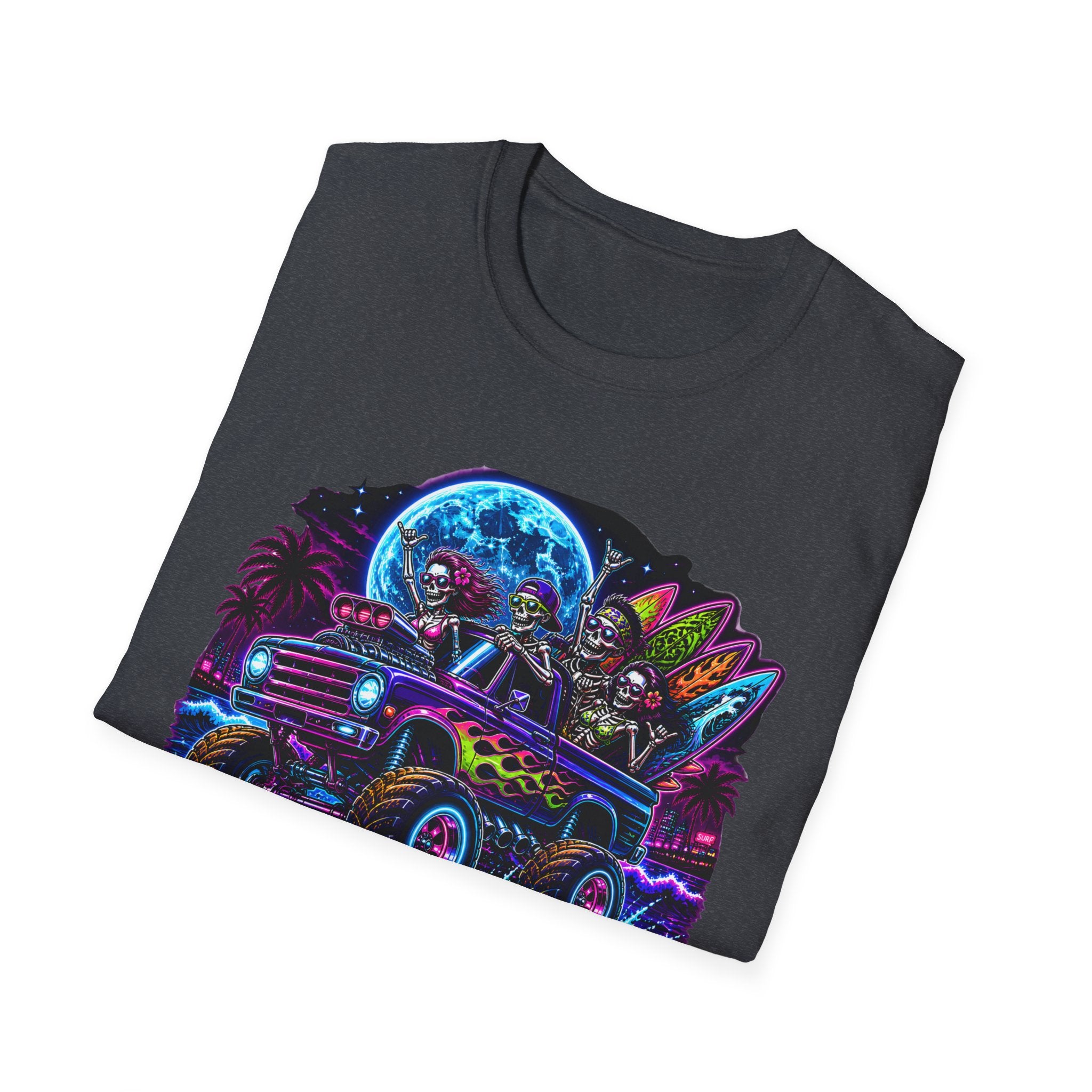 Bone Rattling Surf Tribe T-Shirt — Neon Skull Surf Van Graphic Tee