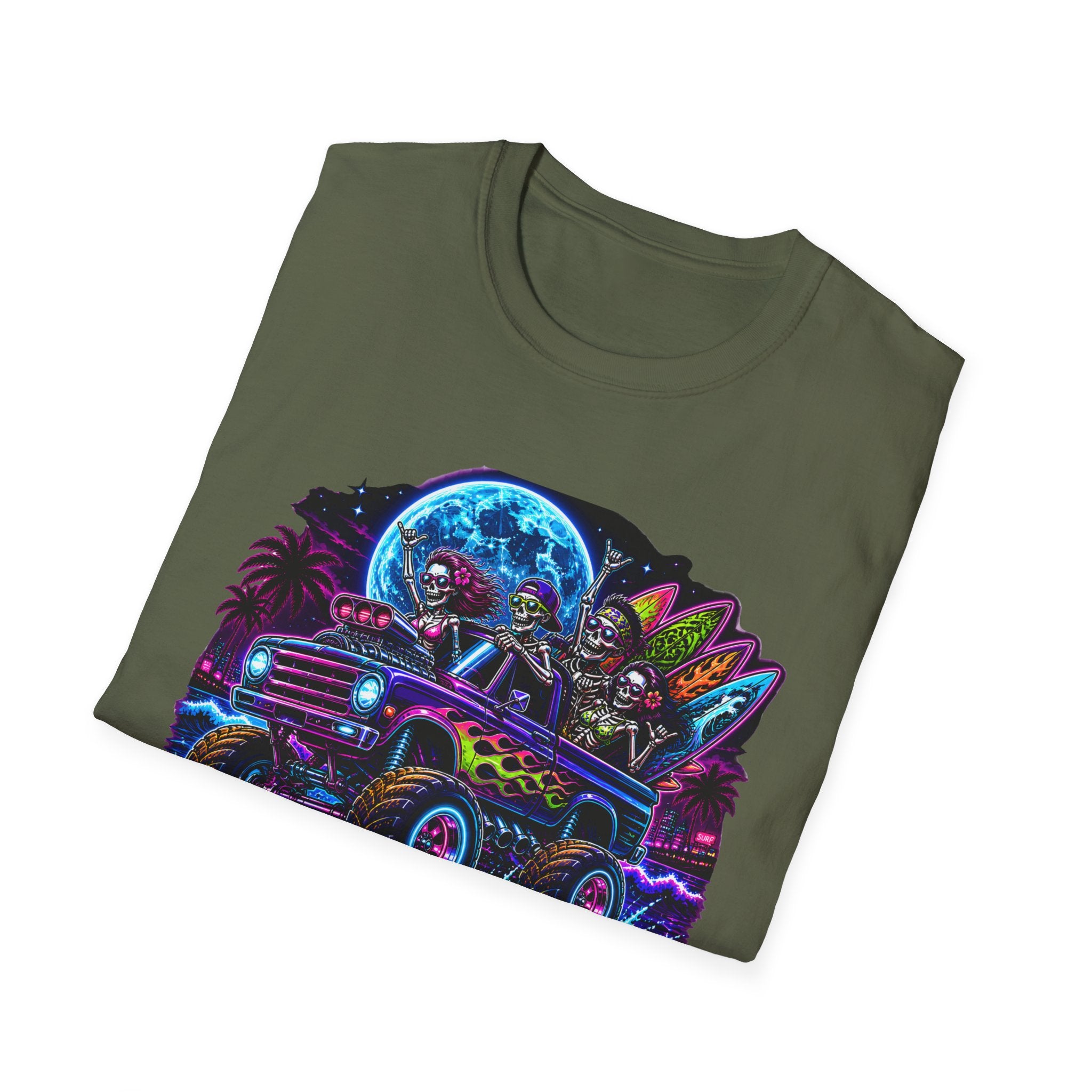 Bone Rattling Surf Tribe T-Shirt — Neon Skull Surf Van Graphic Tee