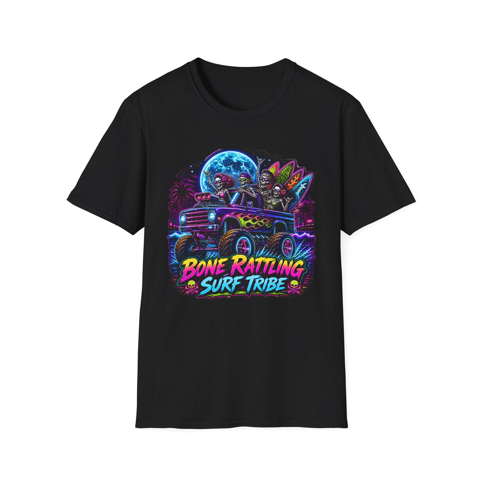 Bone Rattling Surf Tribe T-Shirt — Neon Skull Surf Van Graphic Tee