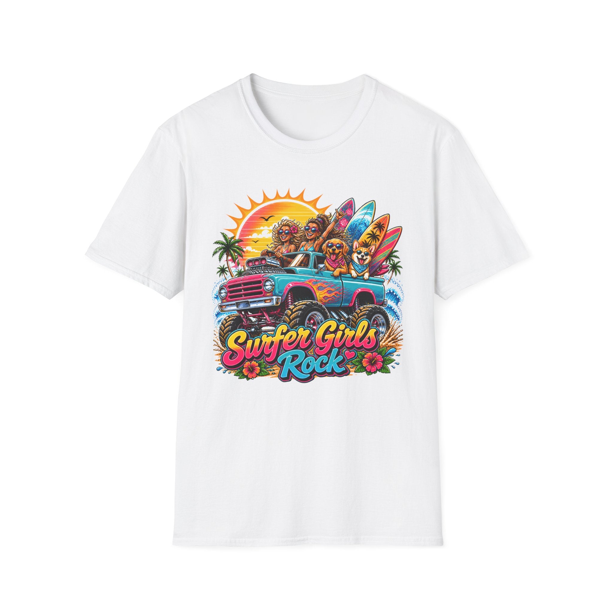 Surfer Girls Rock T-Shirt — Retro Beach Skull Surfboard Tee